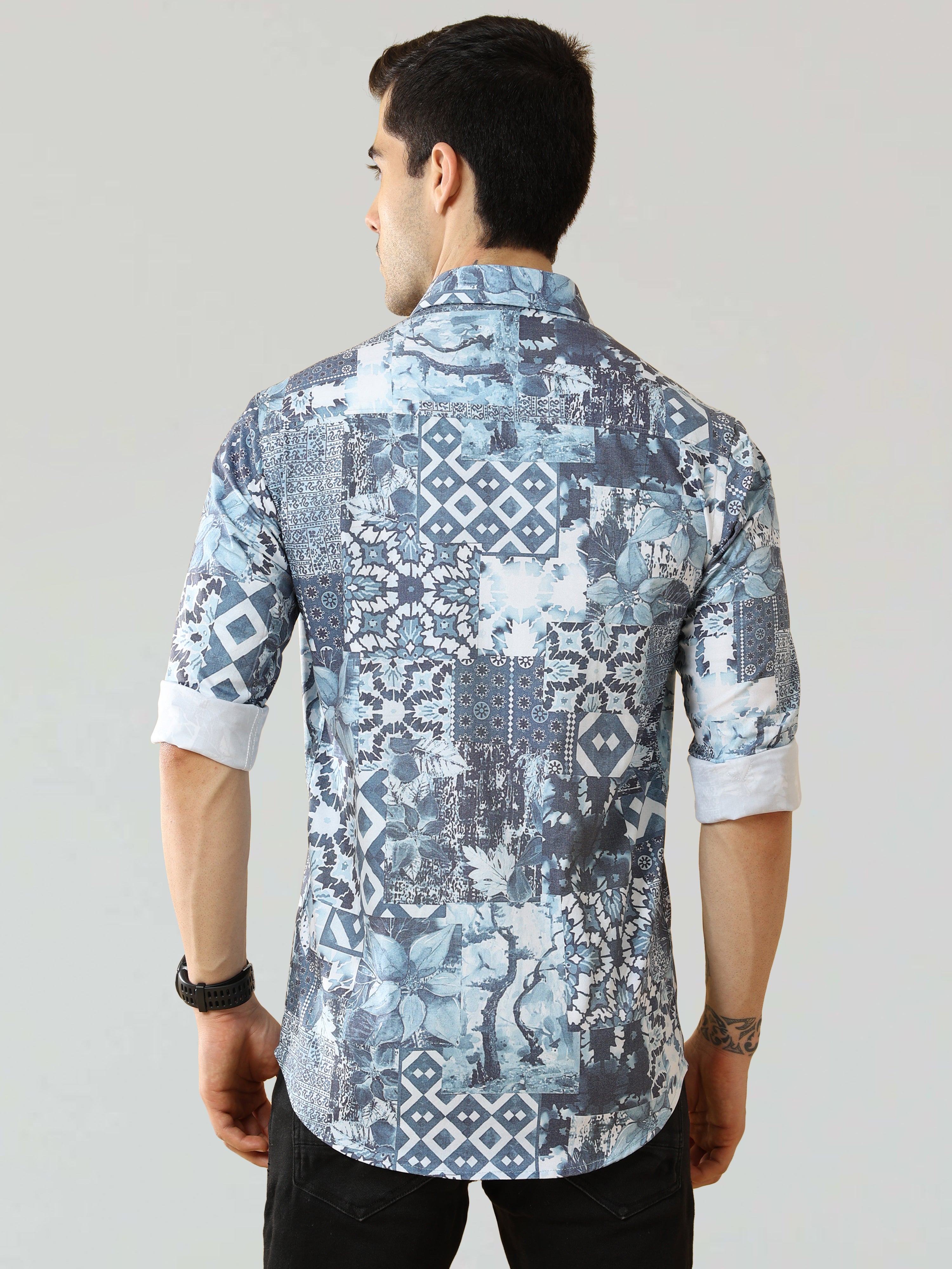 Men's Blue Digital Printed Satin Shirt | Rick Rogue, RICK ROGUE