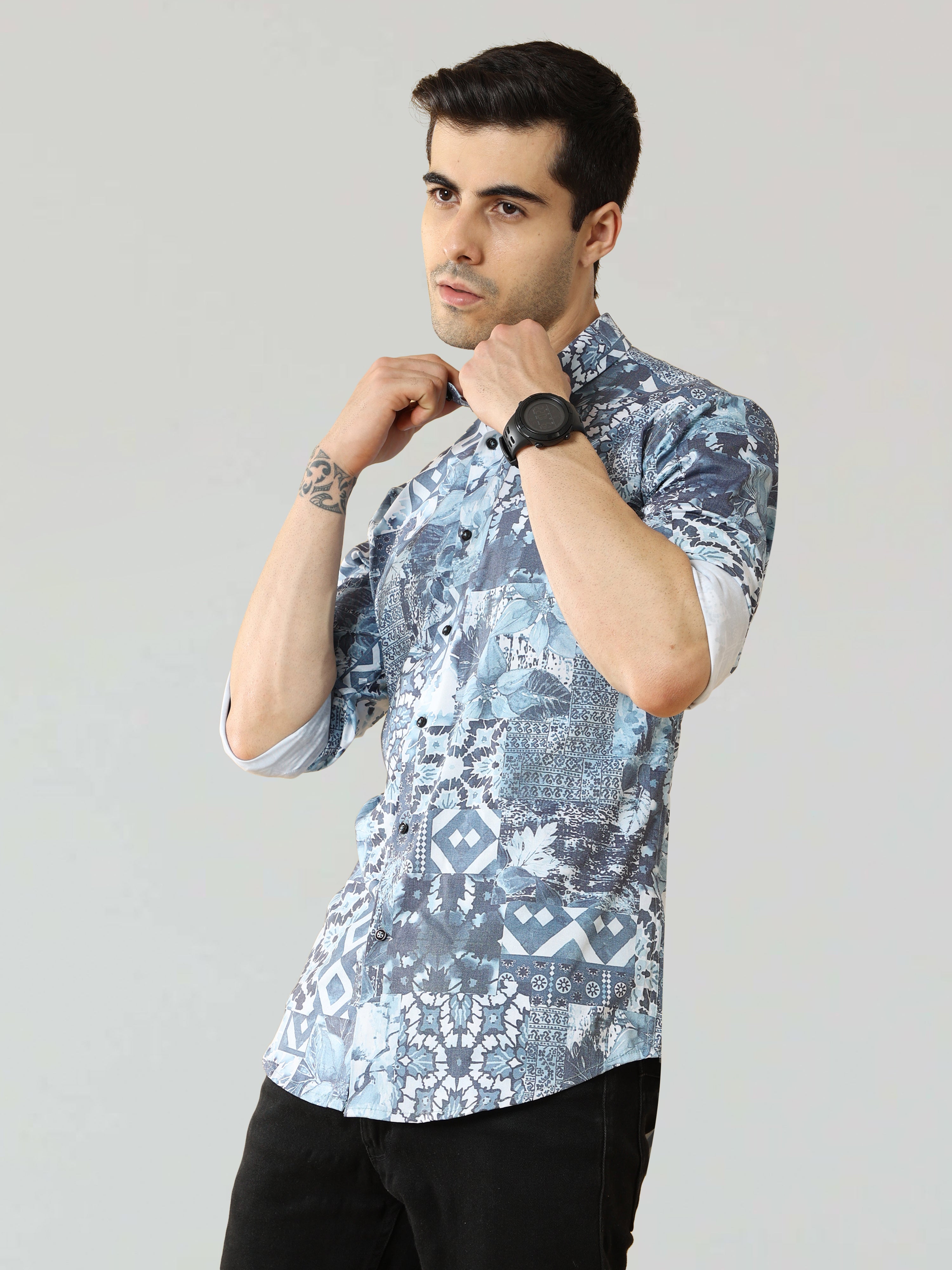 Men's Blue Digital Printed Satin Shirt | Rick Rogue, RICK ROGUE