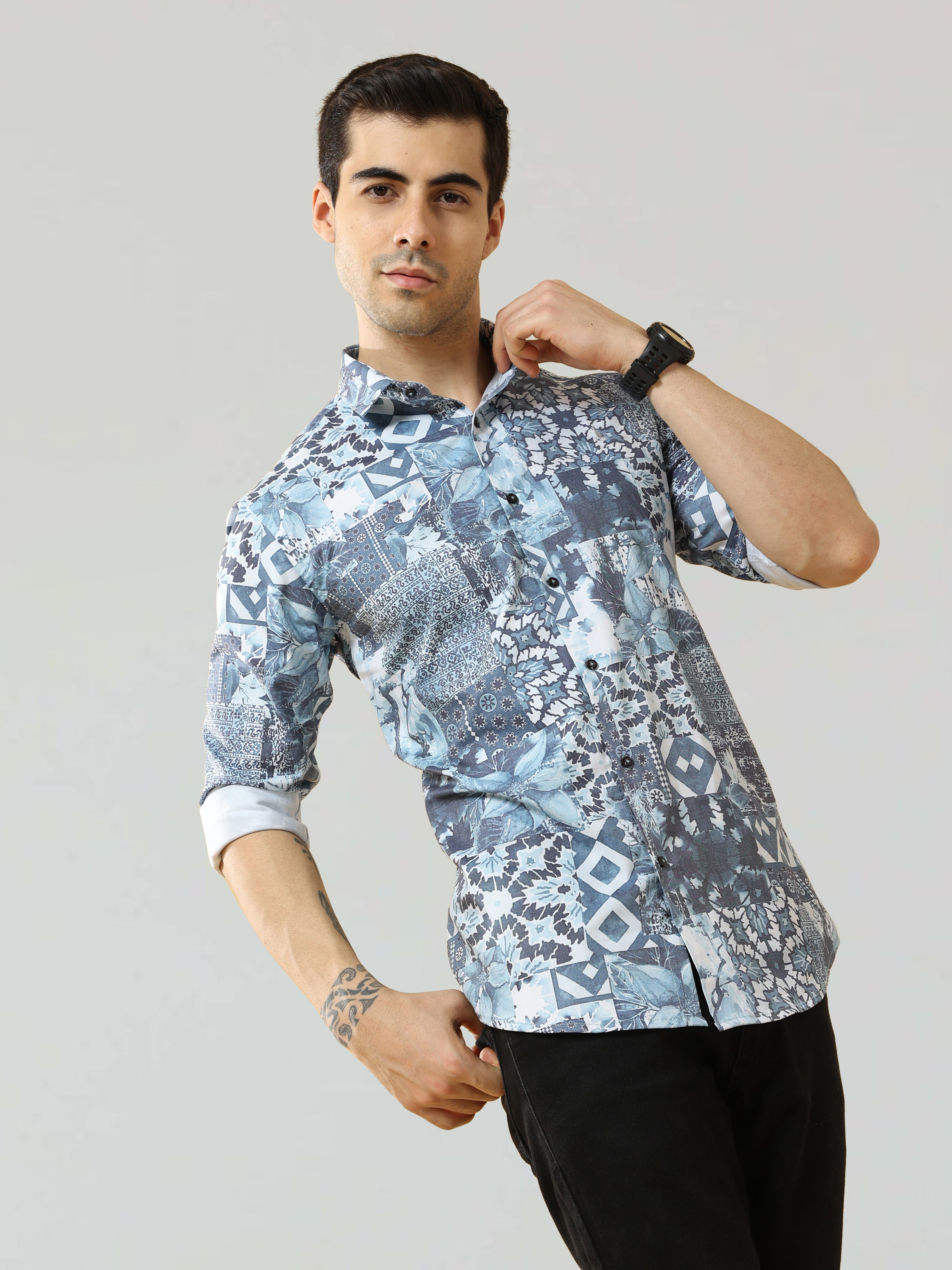 Men's Blue Digital Printed Satin Shirt | Rick Rogue, RICK ROGUE