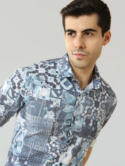 Men's Blue Digital Printed Satin Shirt | Rick Rogue, RICK ROGUE