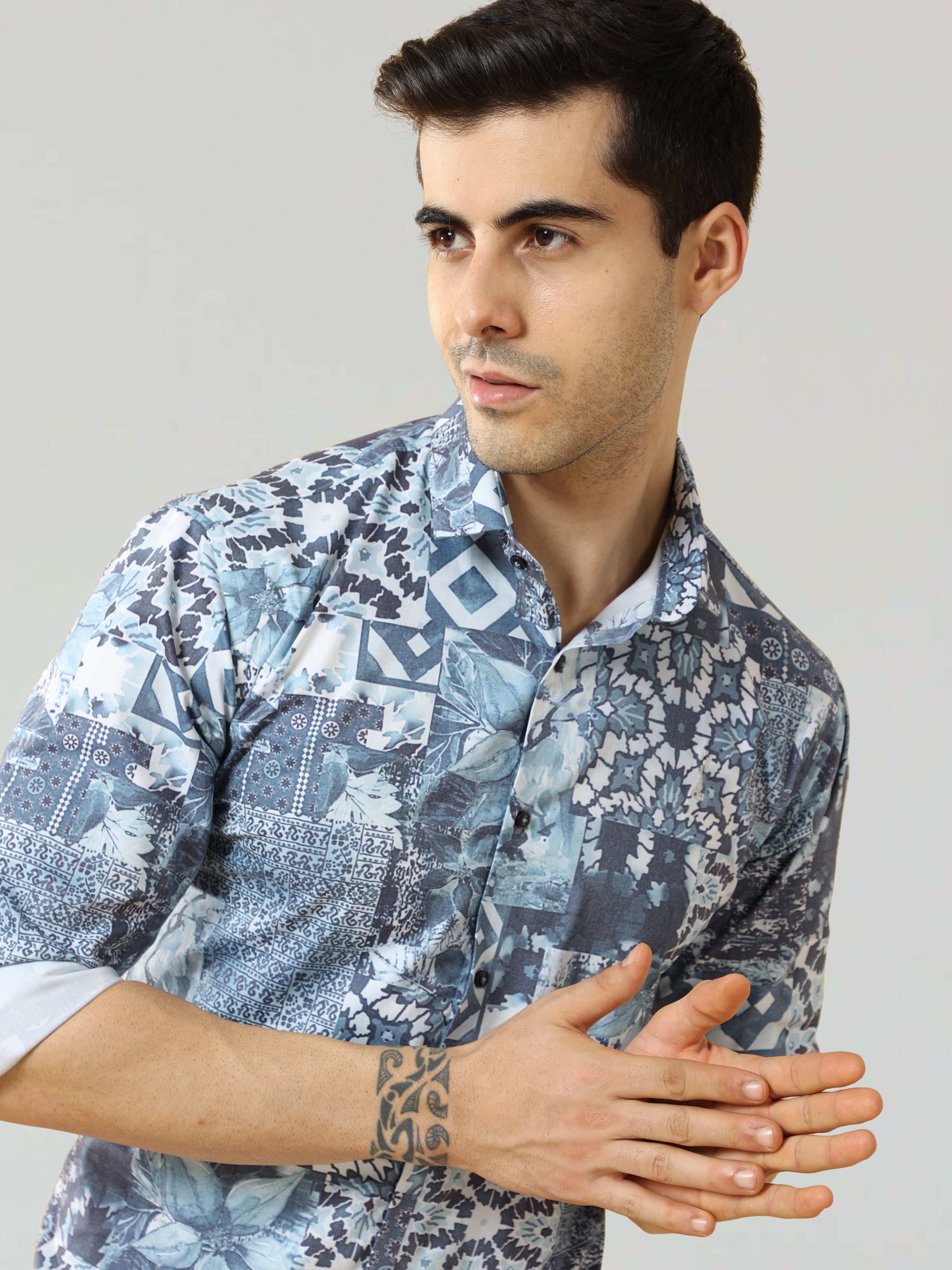 Men's Blue Digital Printed Satin Shirt | Rick Rogue, RICK ROGUE