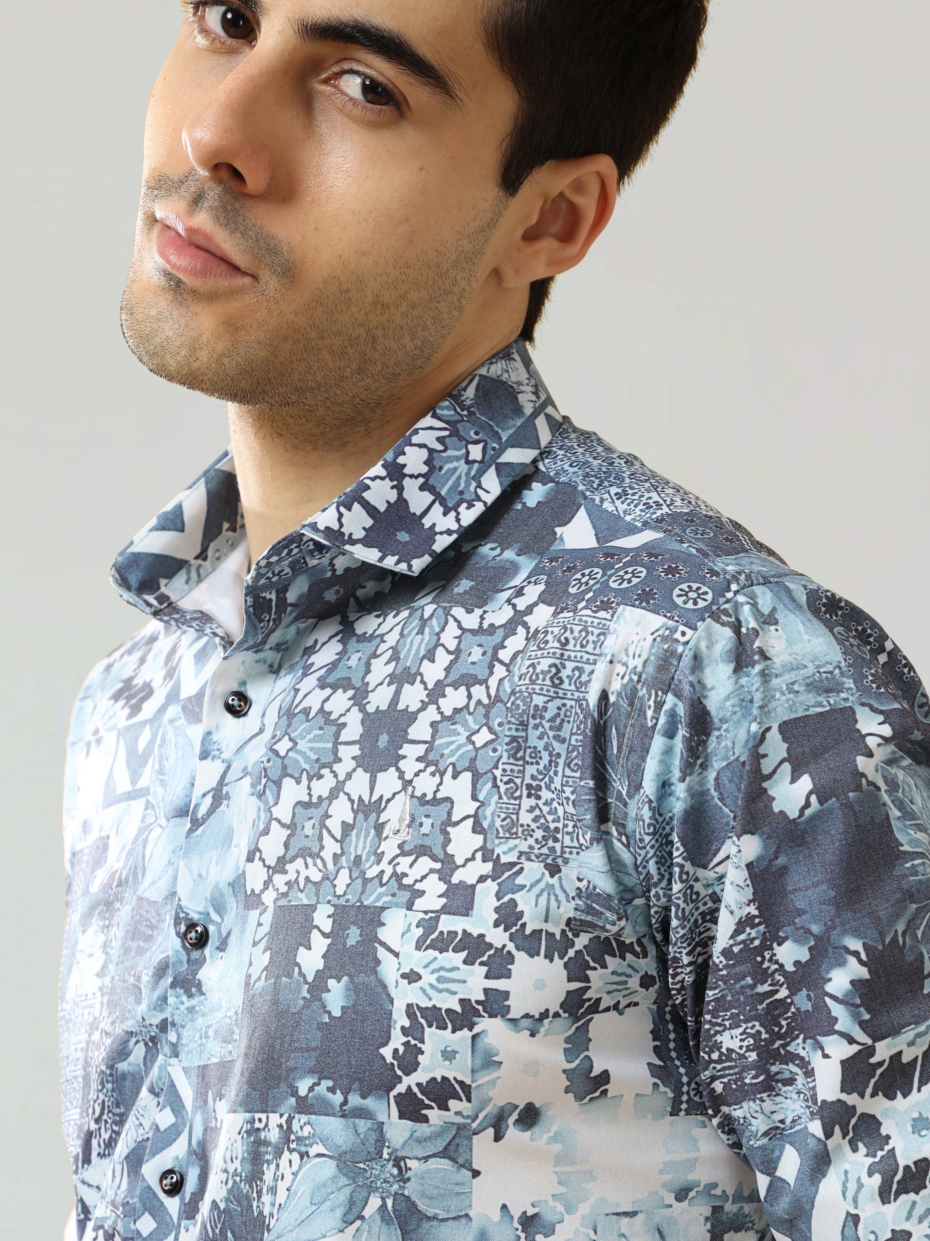 Men's Blue Digital Printed Satin Shirt | Rick Rogue, RICK ROGUE