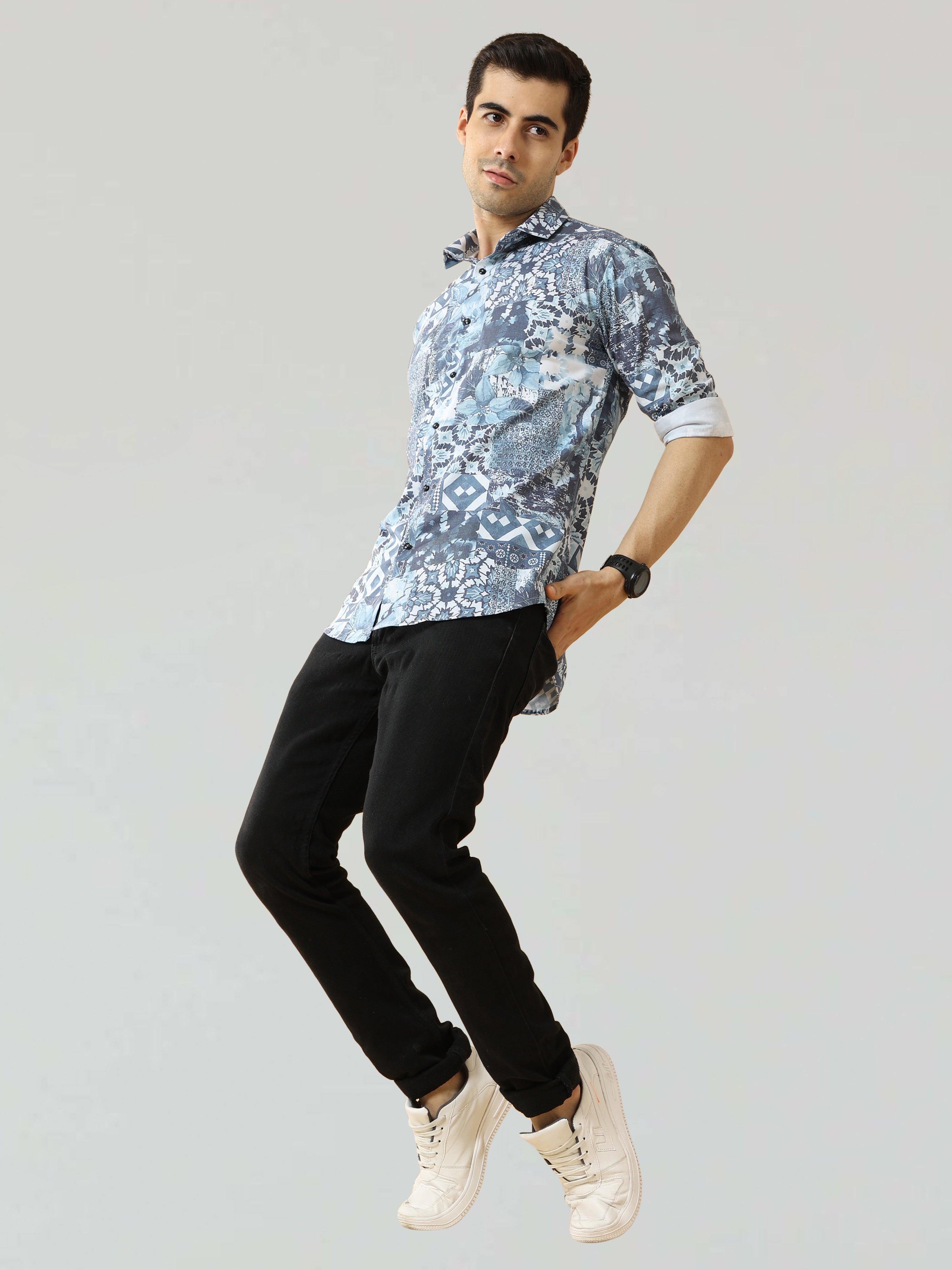 Men's Blue Digital Printed Satin Shirt | Rick Rogue, RICK ROGUE