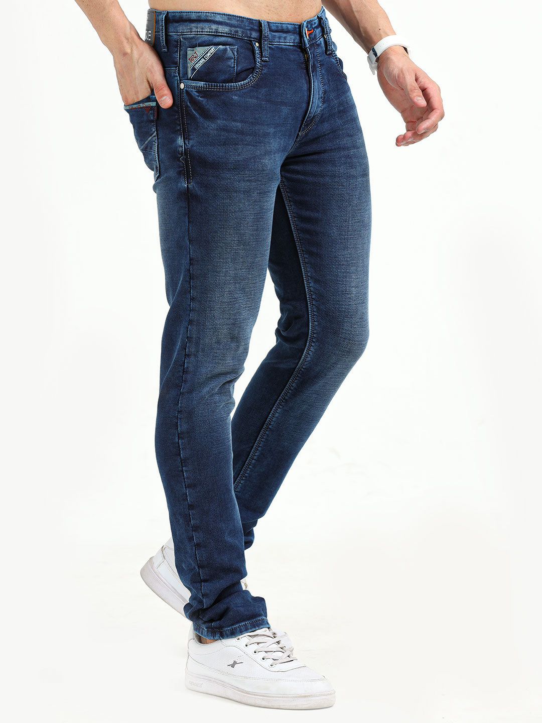 Men's Dark Blue Knitted Slim Fit Mid Rise Jeans | Rick Rogue, Rick Rogue