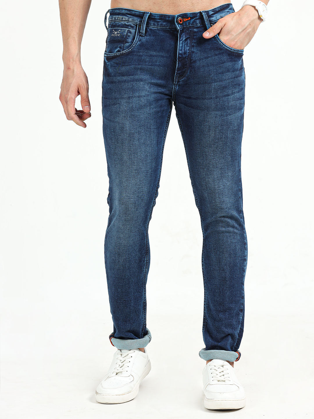 Men's Knitted Stretchable Mid Blue Slim Fit Jeans | Rick Rogue, Rick Rogue