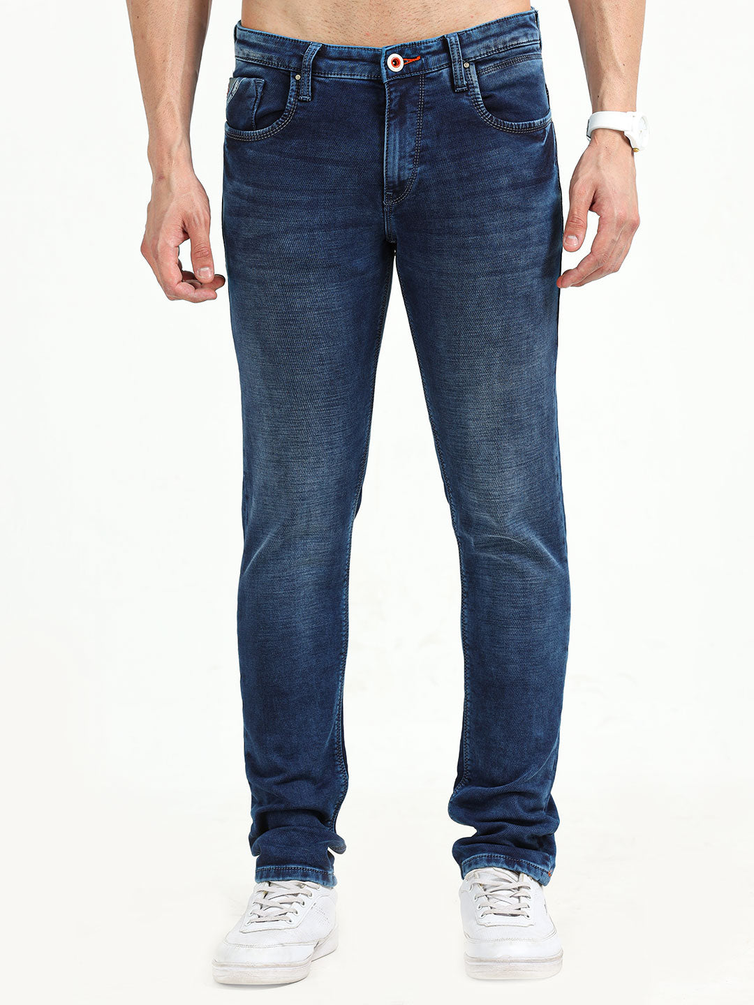 Men's Dark Blue Knitted Slim Fit Mid Rise Jeans | Rick Rogue, Rick Rogue