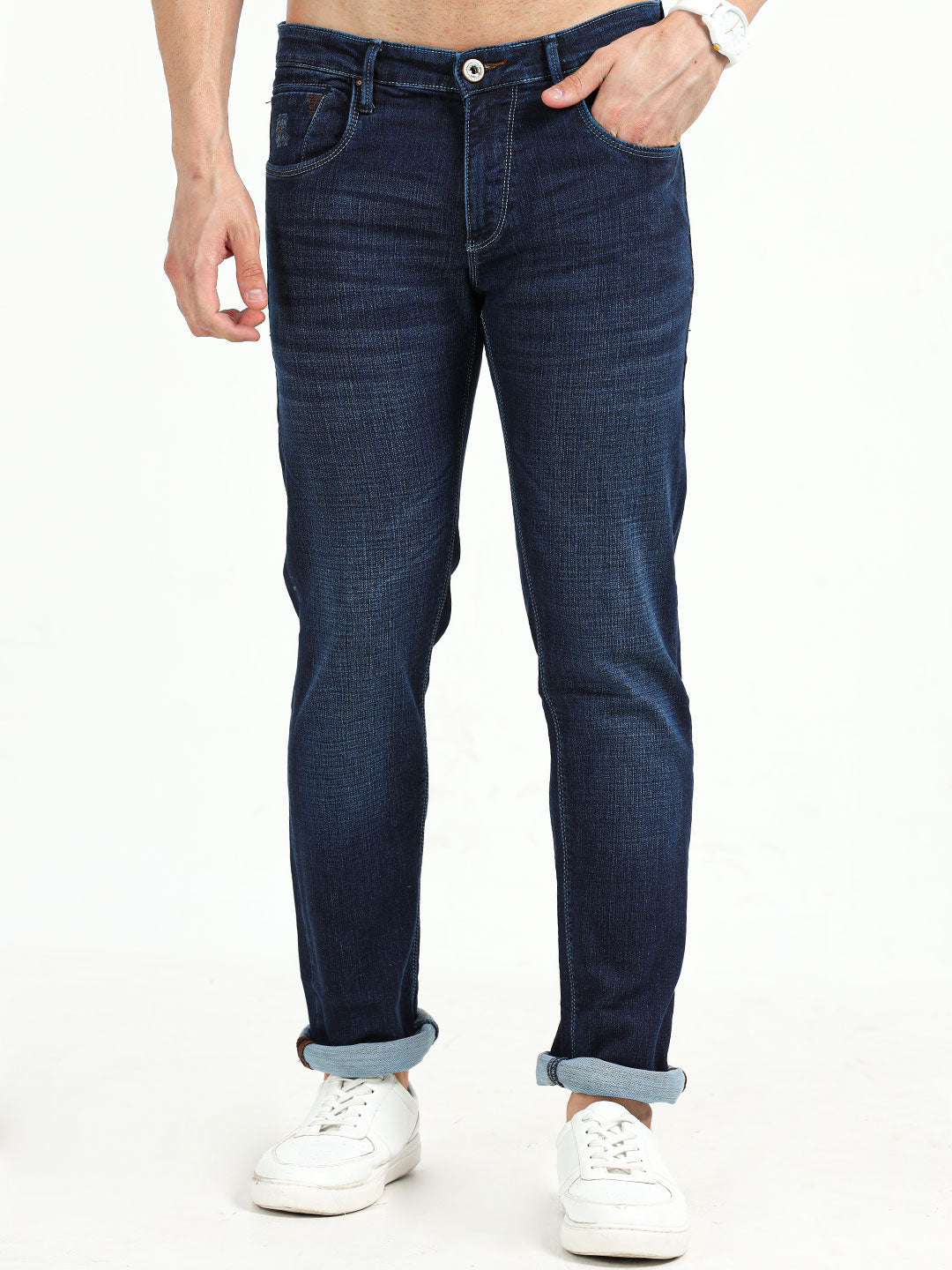 Men's Dark Blue Mid-Rise Stretchable Knitted Jeans | Rick Rogue, Rick Rogue