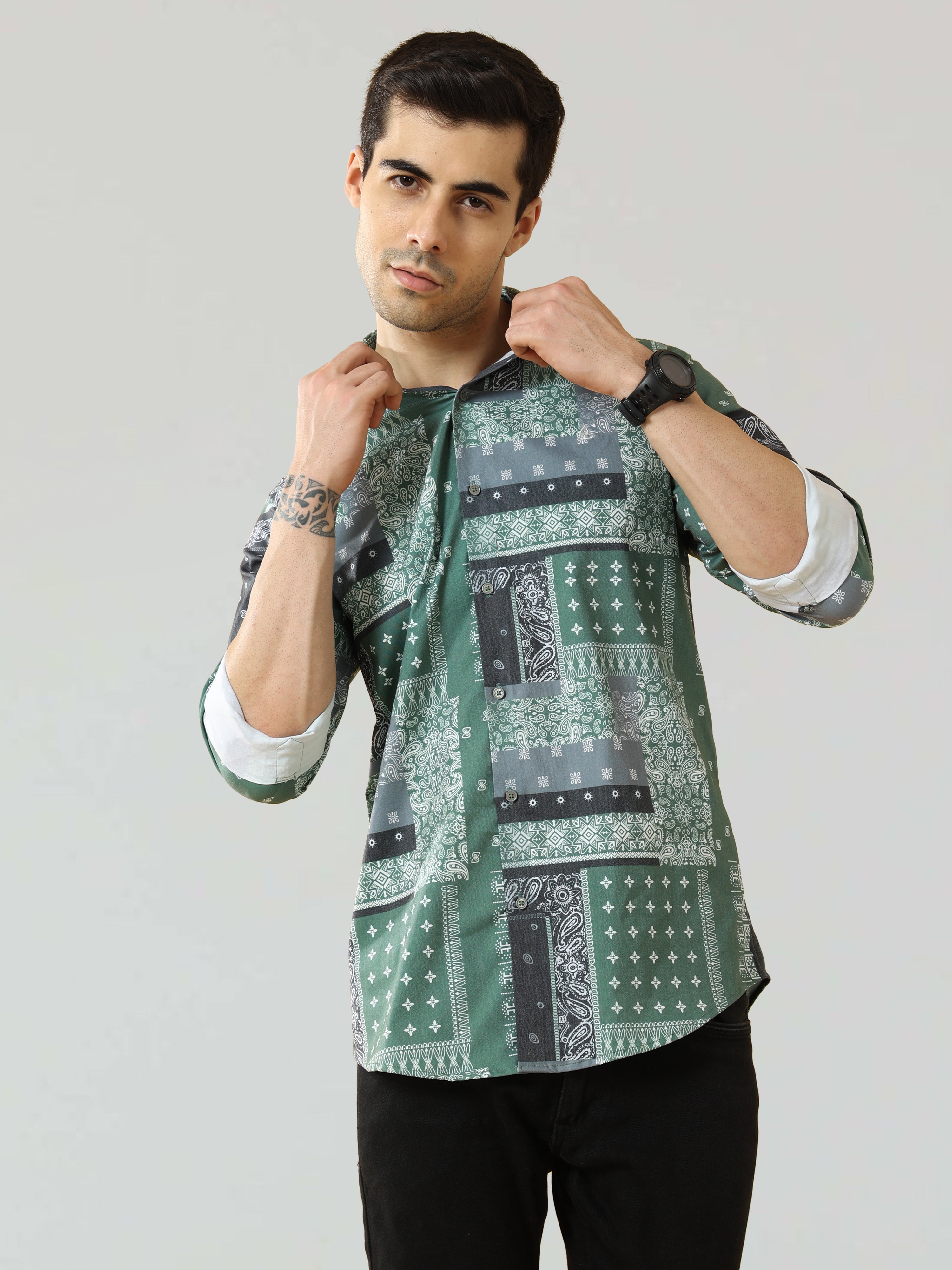Men's Green Satin Digital Printed Shirt