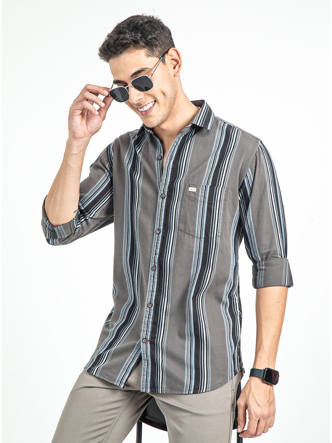 Men's Olive Slim Fit Vertical Striped Casual Pure Cotton Shirt | Rick Rogue, RICK ROGUE