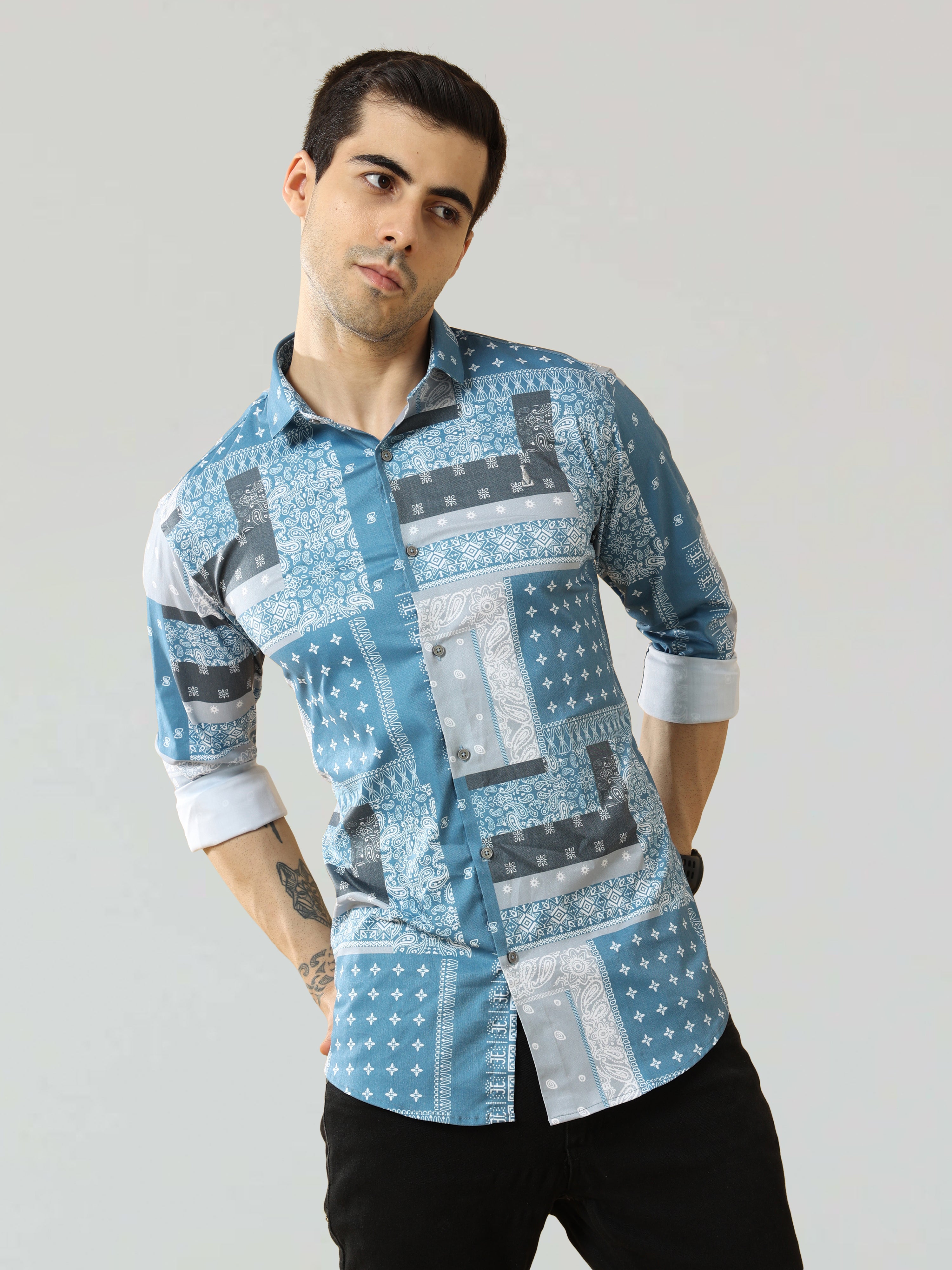 Men's Sky Blue Satin Digital Printed Shirt