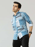Men's Sky Blue Satin Digital Printed Shirt