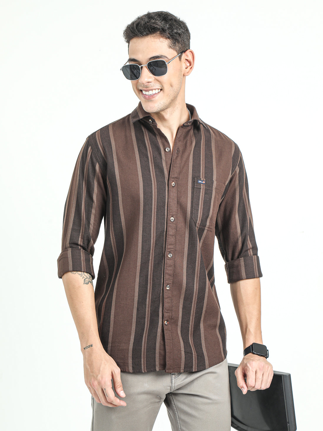 Men's Slim Fit Vertical Thick Striped Casual Pure Cotton Shirt | Rick Rogue, RICK ROGUE