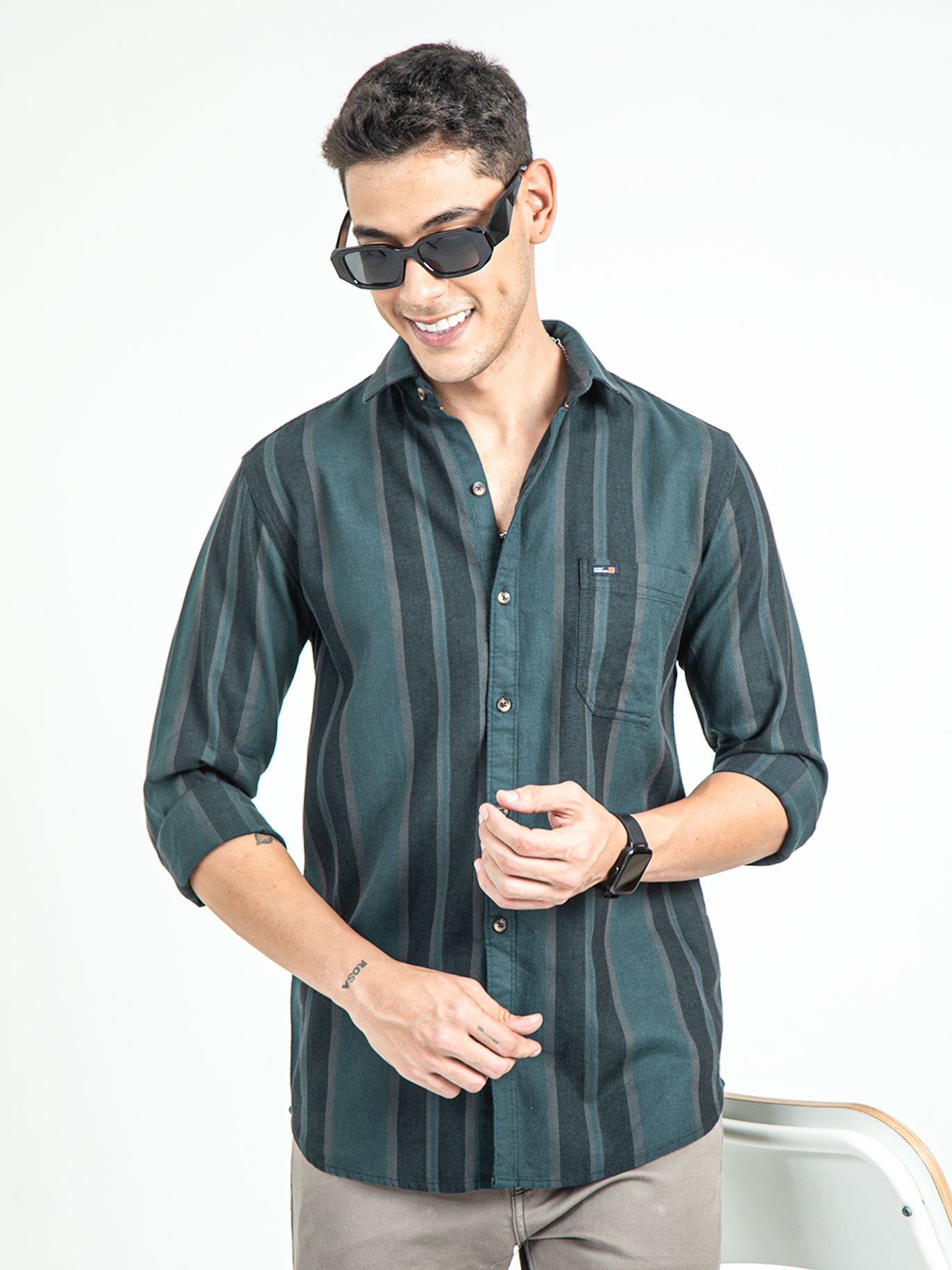 Men's Slim Fit Vertical Thick Striped Casual Pure Cotton Shirt | Rick Rogue, RICK ROGUE