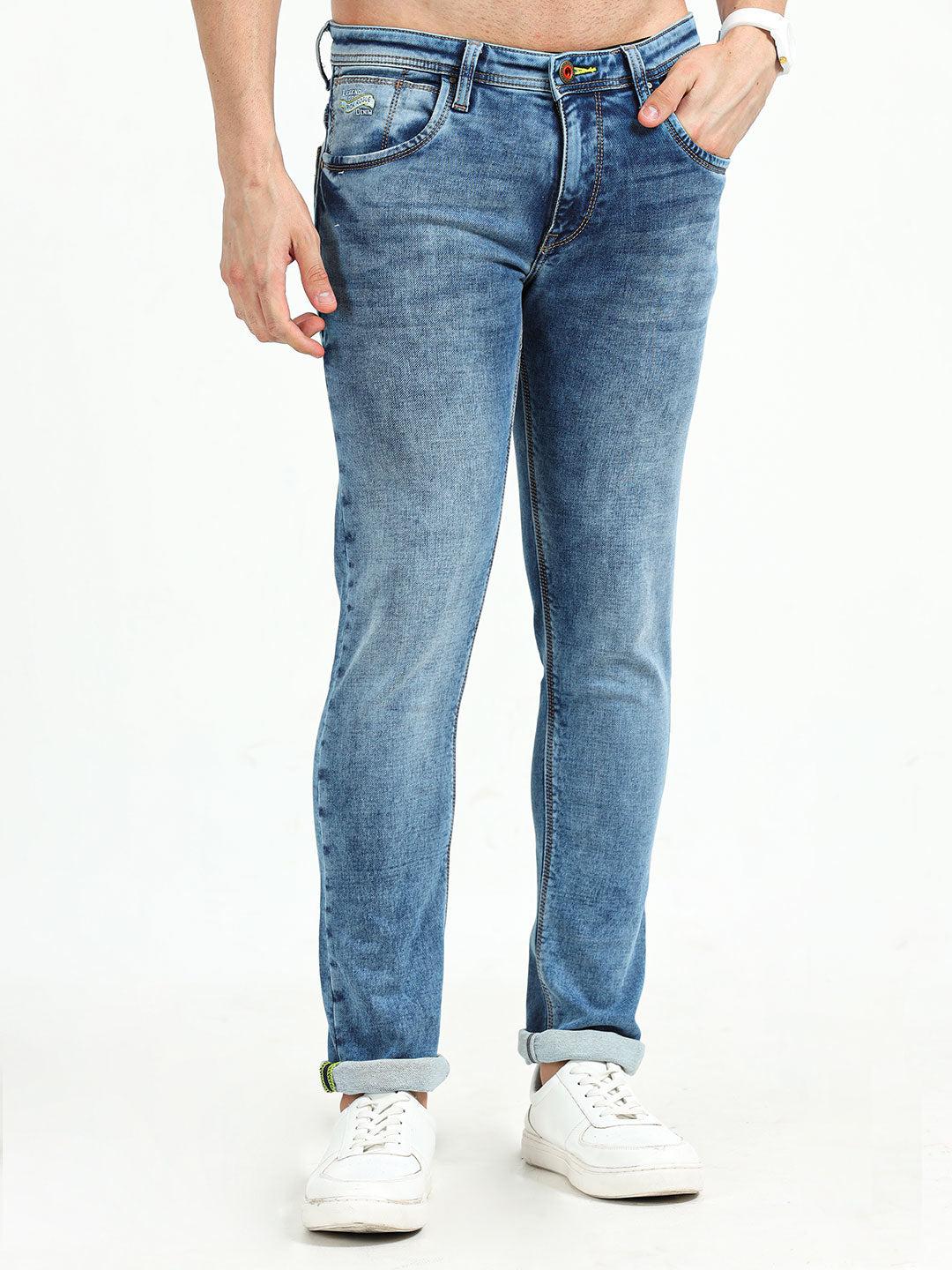 Men's Stretchable Knitted Mid Blue Slim Fit Jeans | Rick Rogue, Rick Rogue