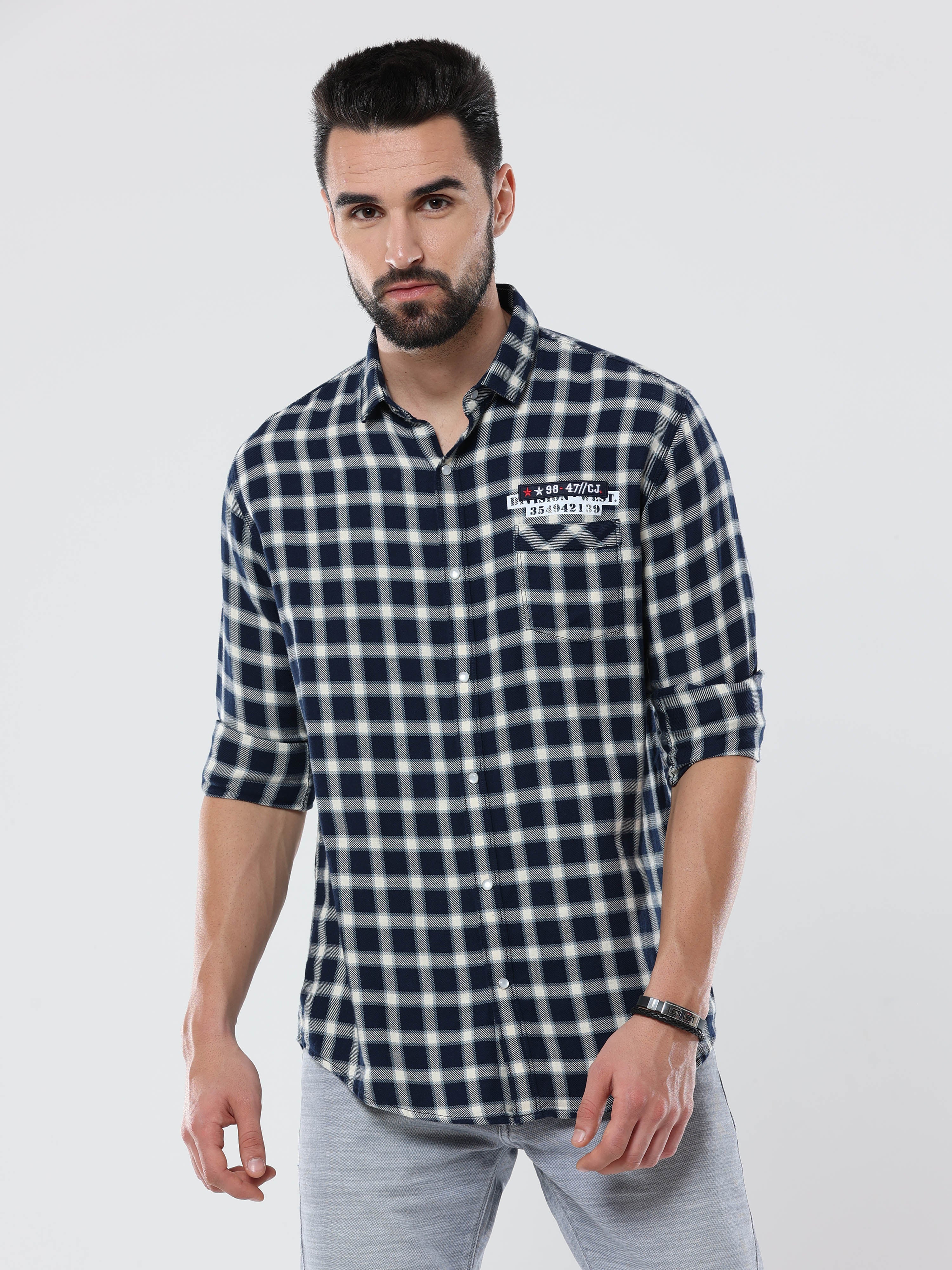 Men's Black and White Checked Full Sleeve Shirt | Rick Rogue, RICK ROGUE