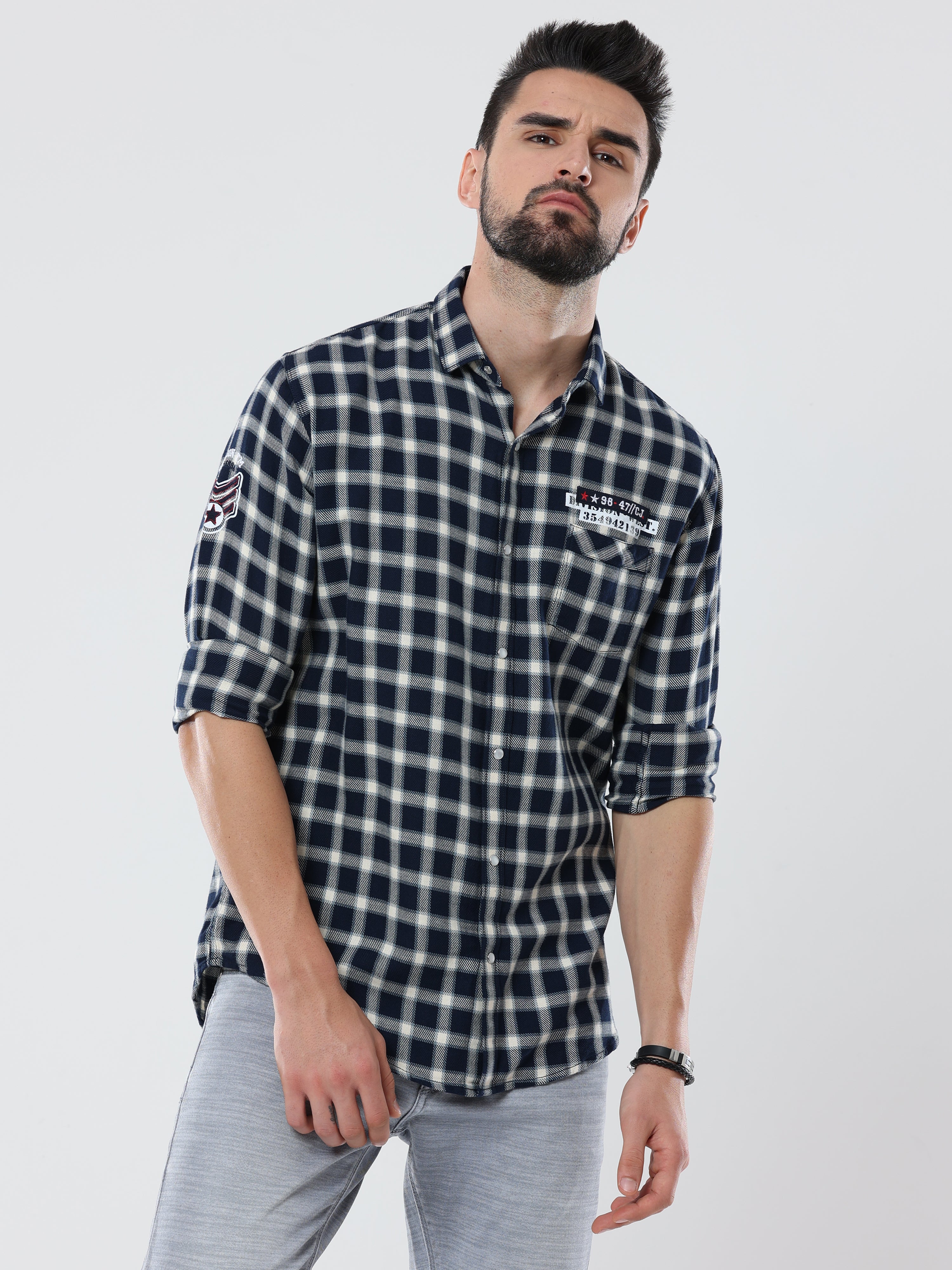 Men's Black and White Checked Full Sleeve Shirt | Rick Rogue, RICK ROGUE