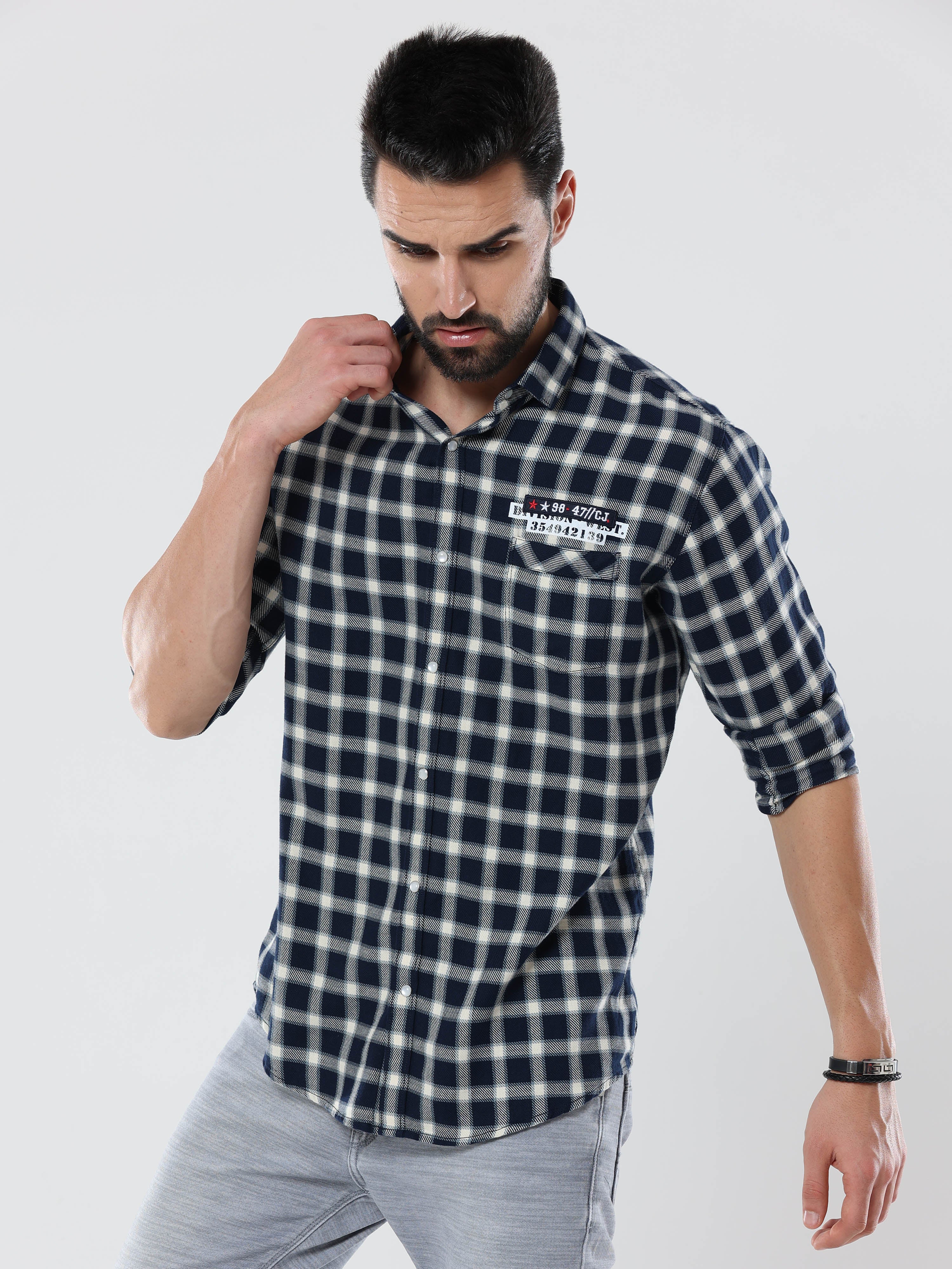 Men's Black and White Checked Full Sleeve Shirt | Rick Rogue, RICK ROGUE