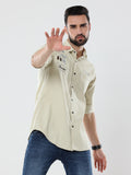 Men's Cream Solid Slim Fit Stretchable Shirt | Rick Rogue, RICK ROGUE