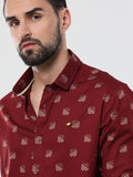 Men's Maroon Satin Printed Shirt | Rick Rogue, RICK ROGUE