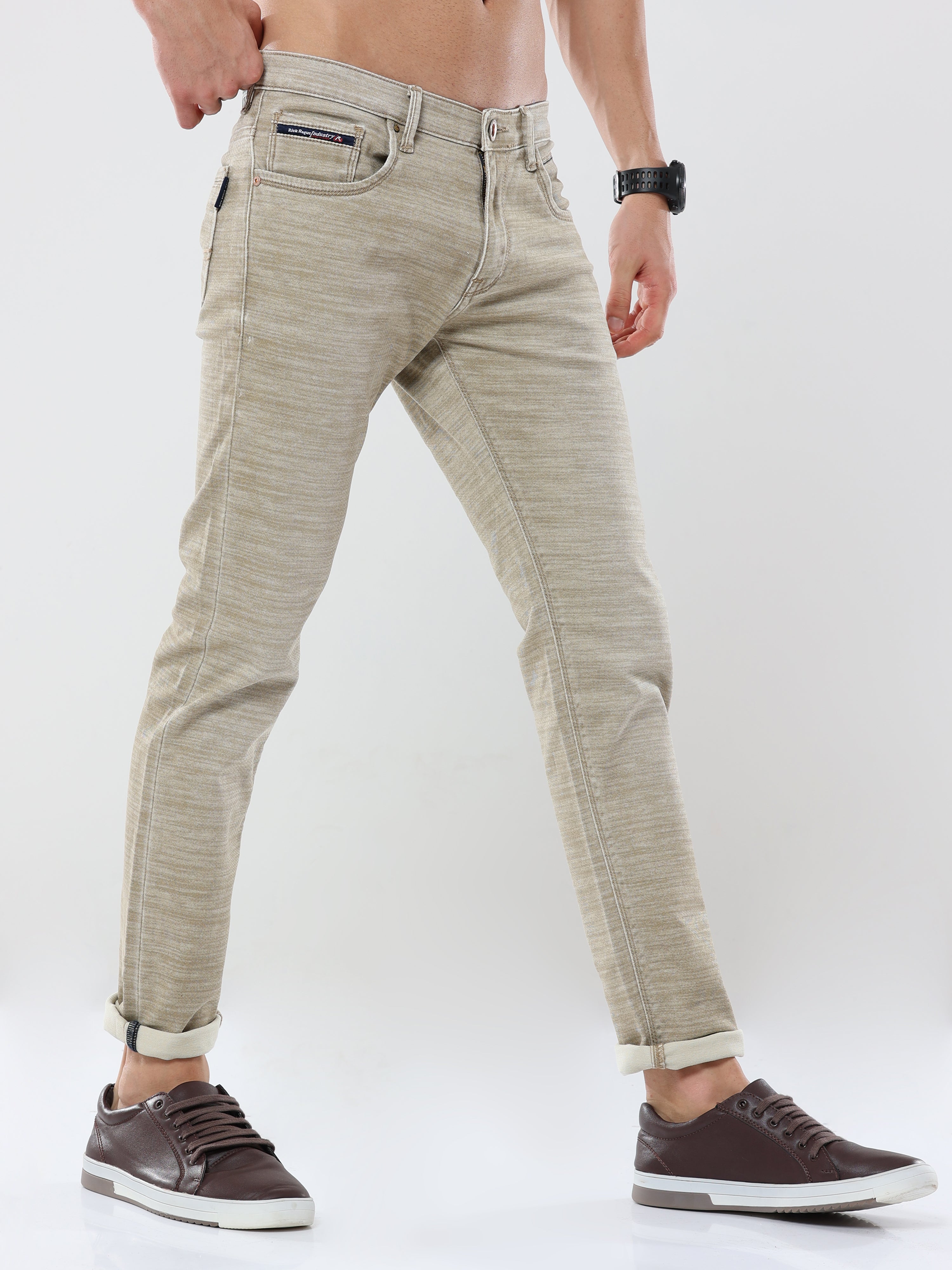 Men's Knitted Khaki Ankle Length Slim Fit Jeans  | Rick Rogue, RICK ROGUE