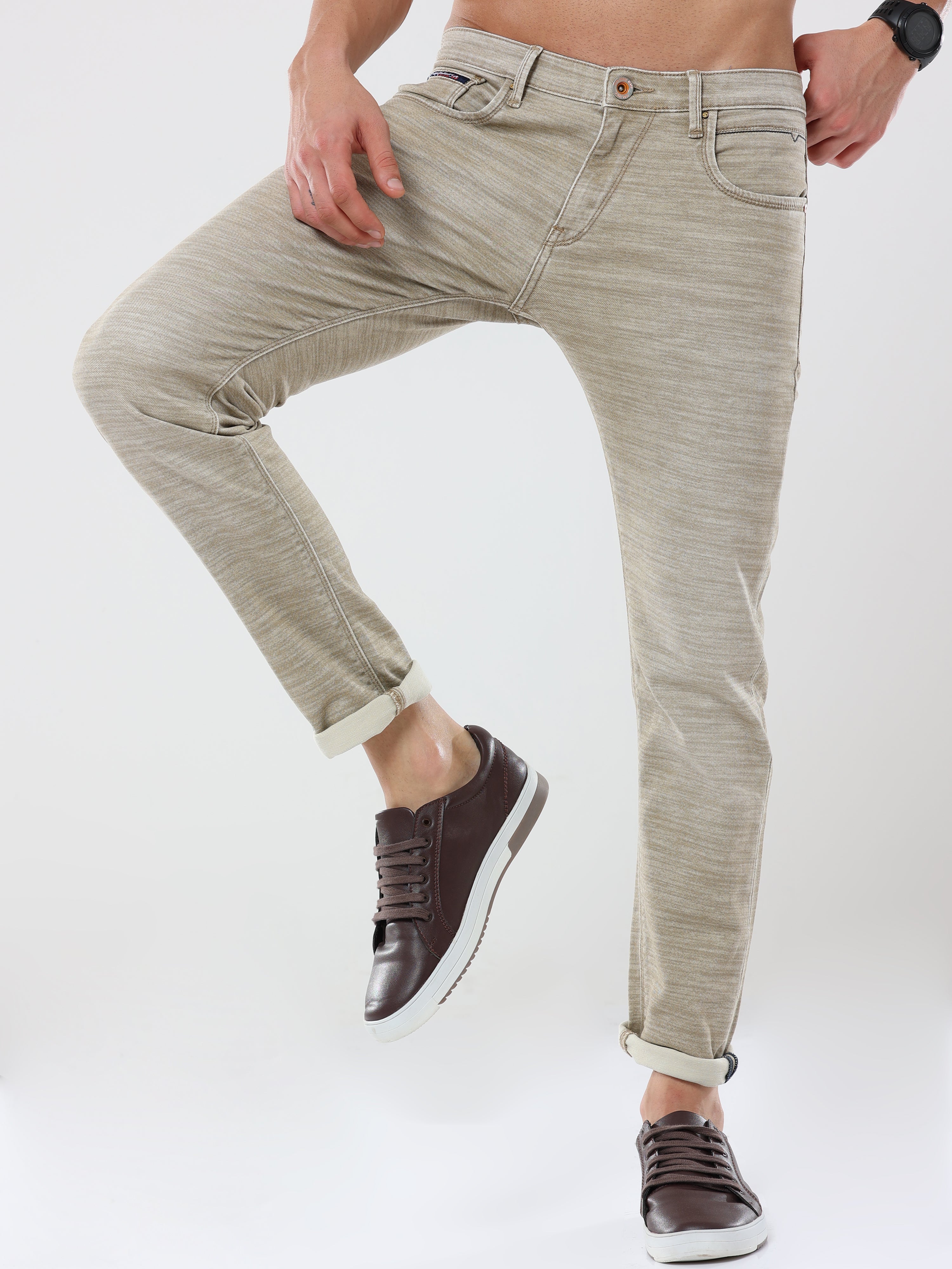 Men's Knitted Khaki Ankle Length Slim Fit Jeans  | Rick Rogue, RICK ROGUE