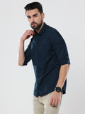 Men's Navy Blue Solid Slim Fit Stretchable Shirt | Rick Rogue, RICK ROGUE