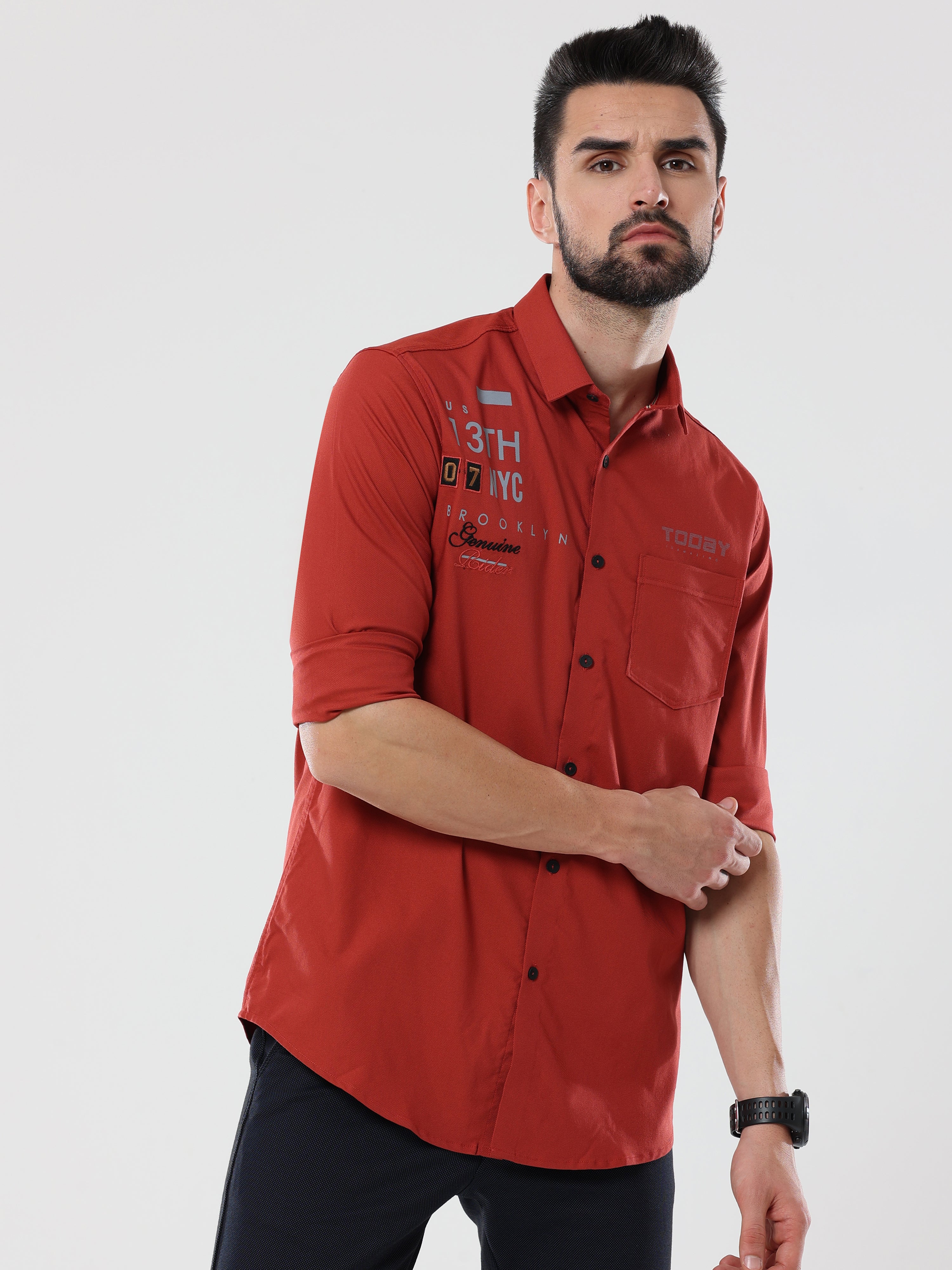 Men's Red Solid Slim Fit Stretchable Shirt | Rick Rogue, RICK ROGUE