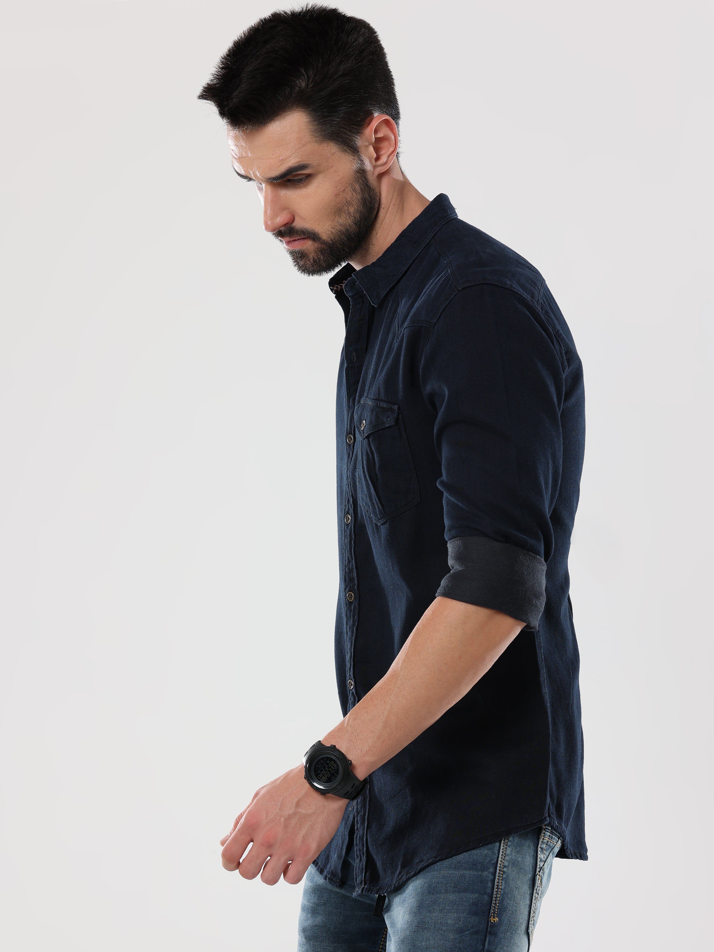 Men's  Black Solid Denim Full Sleeve Shirt | Rick Rogue, RICK ROGUE