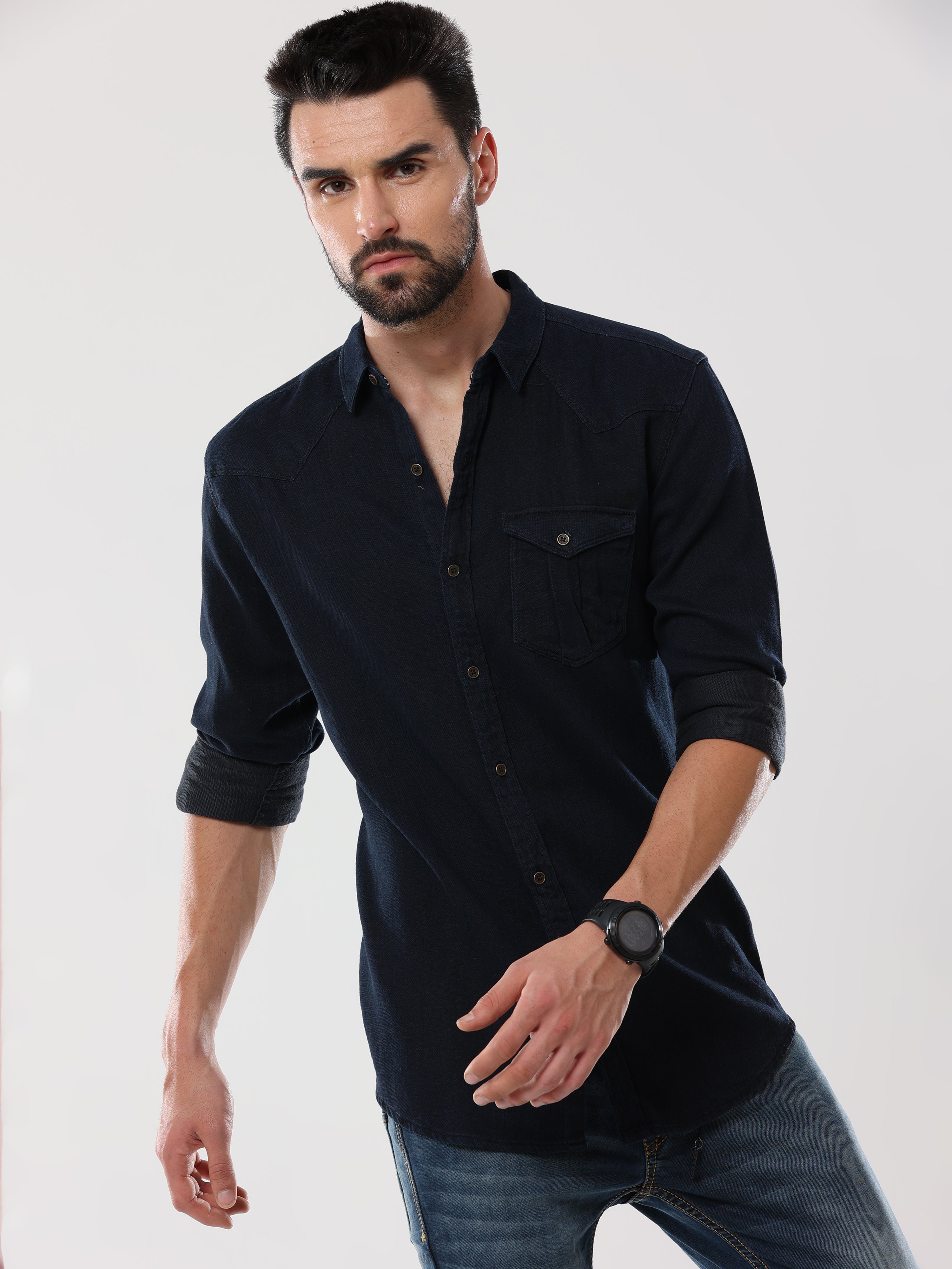 Men's  Black Solid Denim Full Sleeve Shirt | Rick Rogue, RICK ROGUE