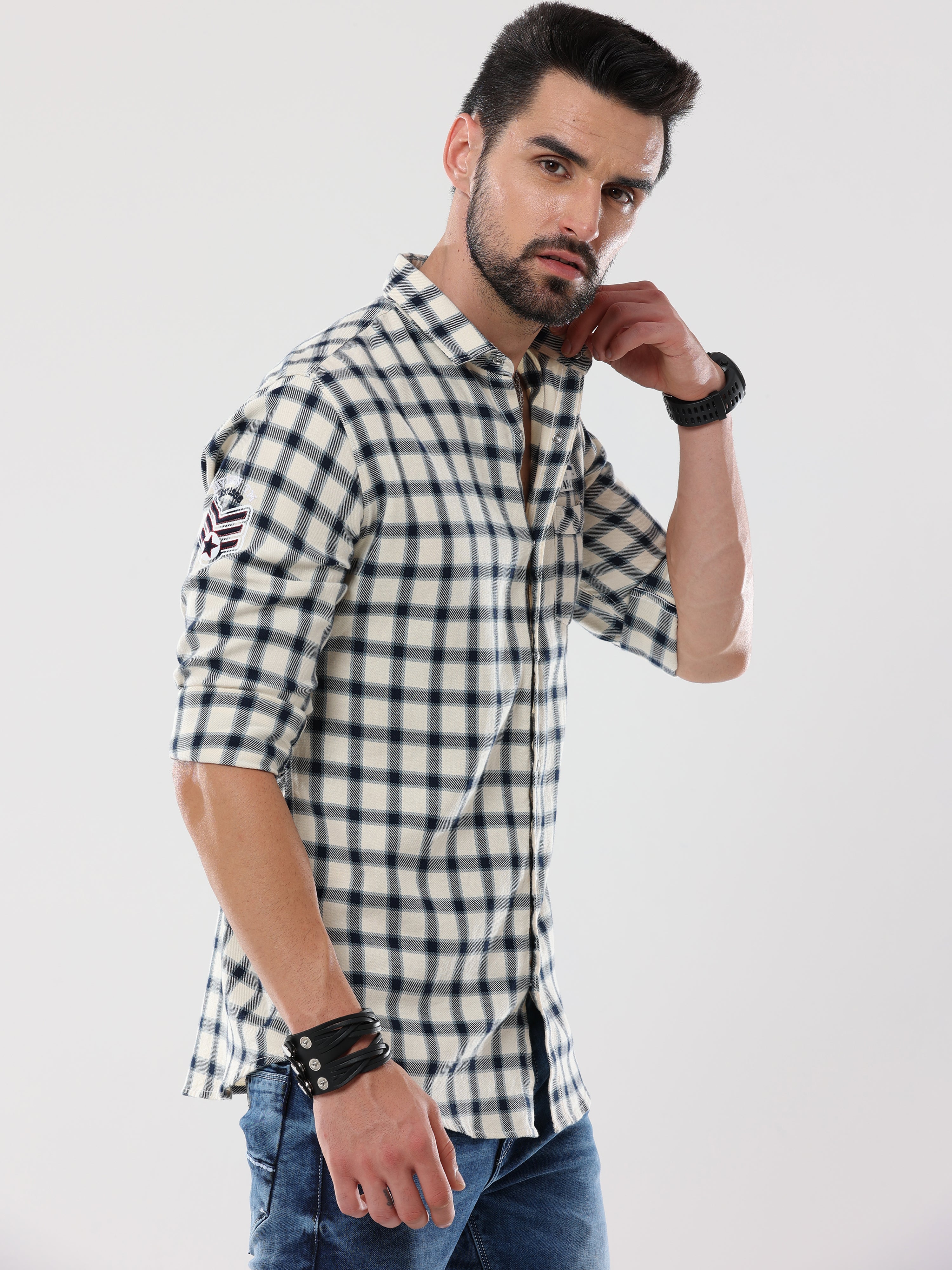 Men's Beige with Black Checked Shirt | Rick Rogue, RICK ROGUE