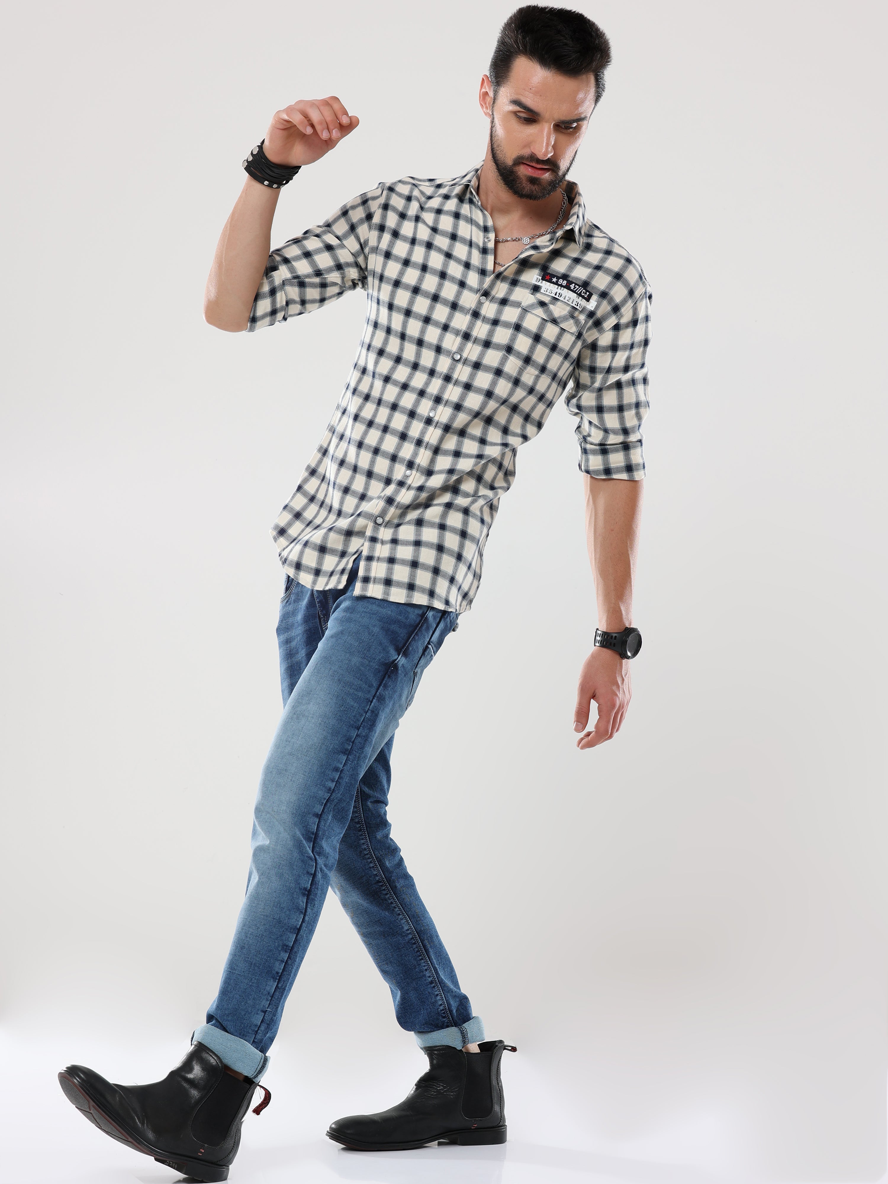 Men's Beige with Black Checked Shirt | Rick Rogue, RICK ROGUE