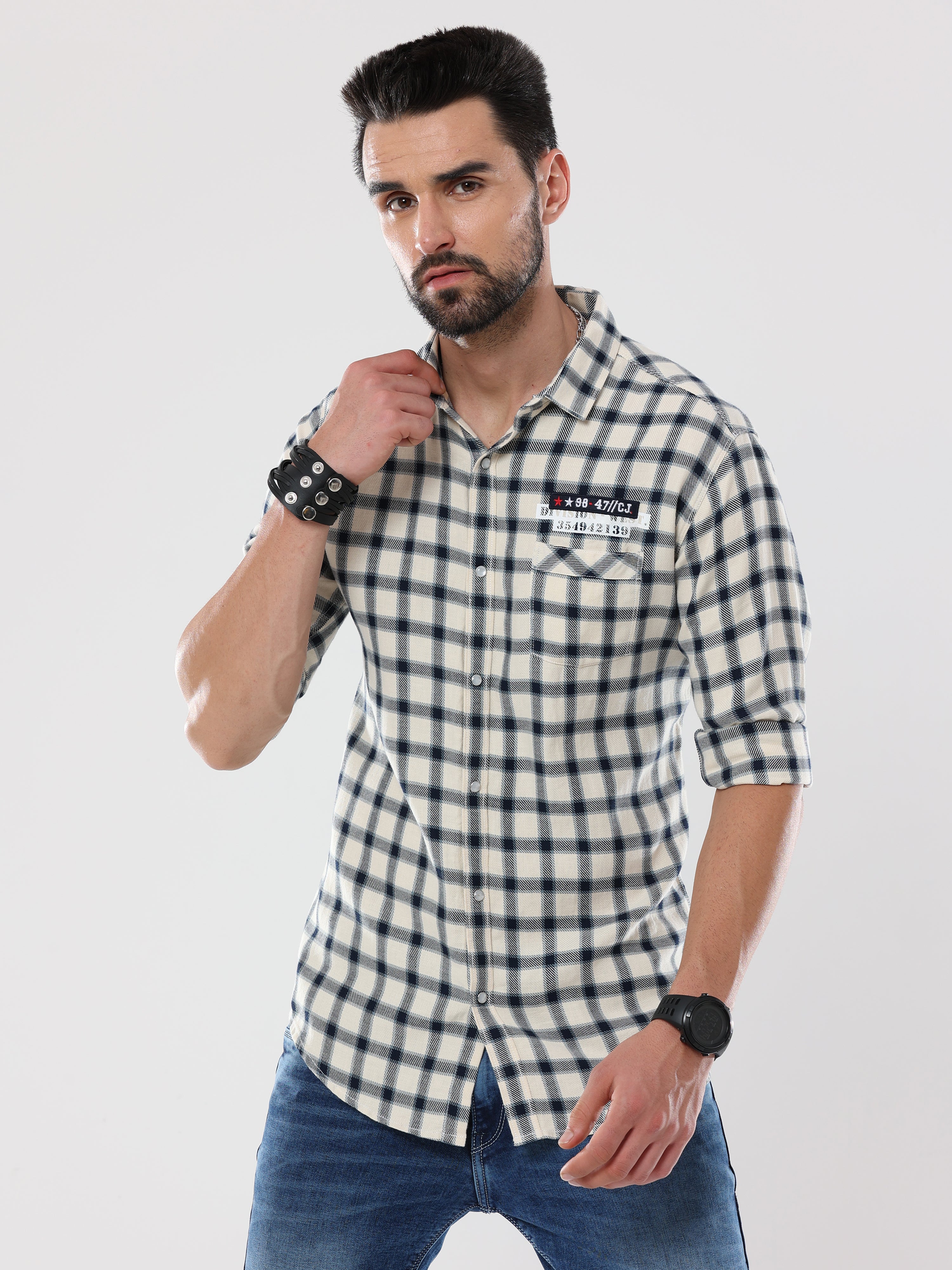 Men's Beige and Black Checked Shirt