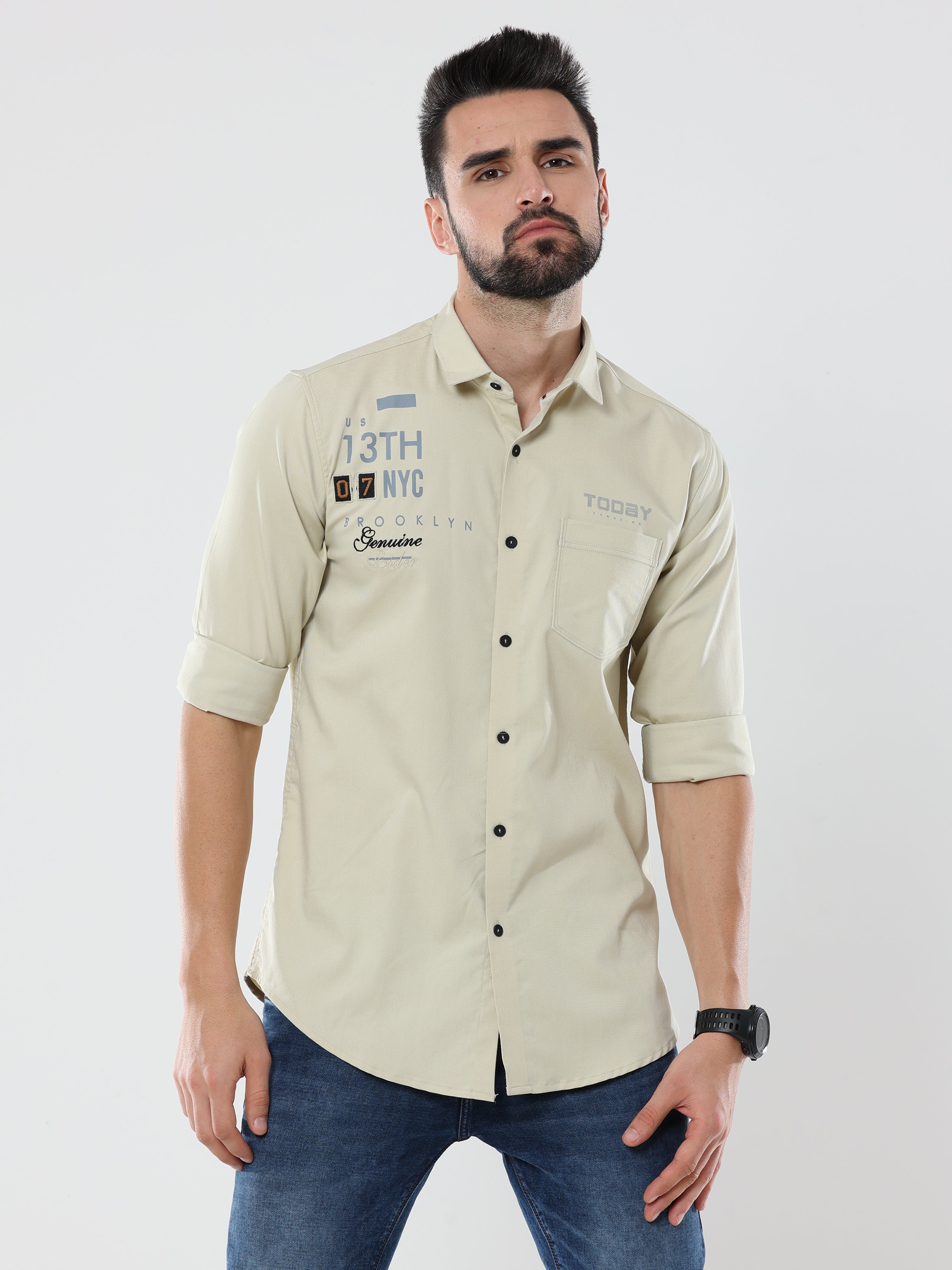 Men's Cream Solid Slim Fit Stretchable Shirt
