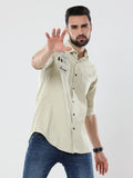 Men's Cream Solid Slim Fit Stretchable Shirt