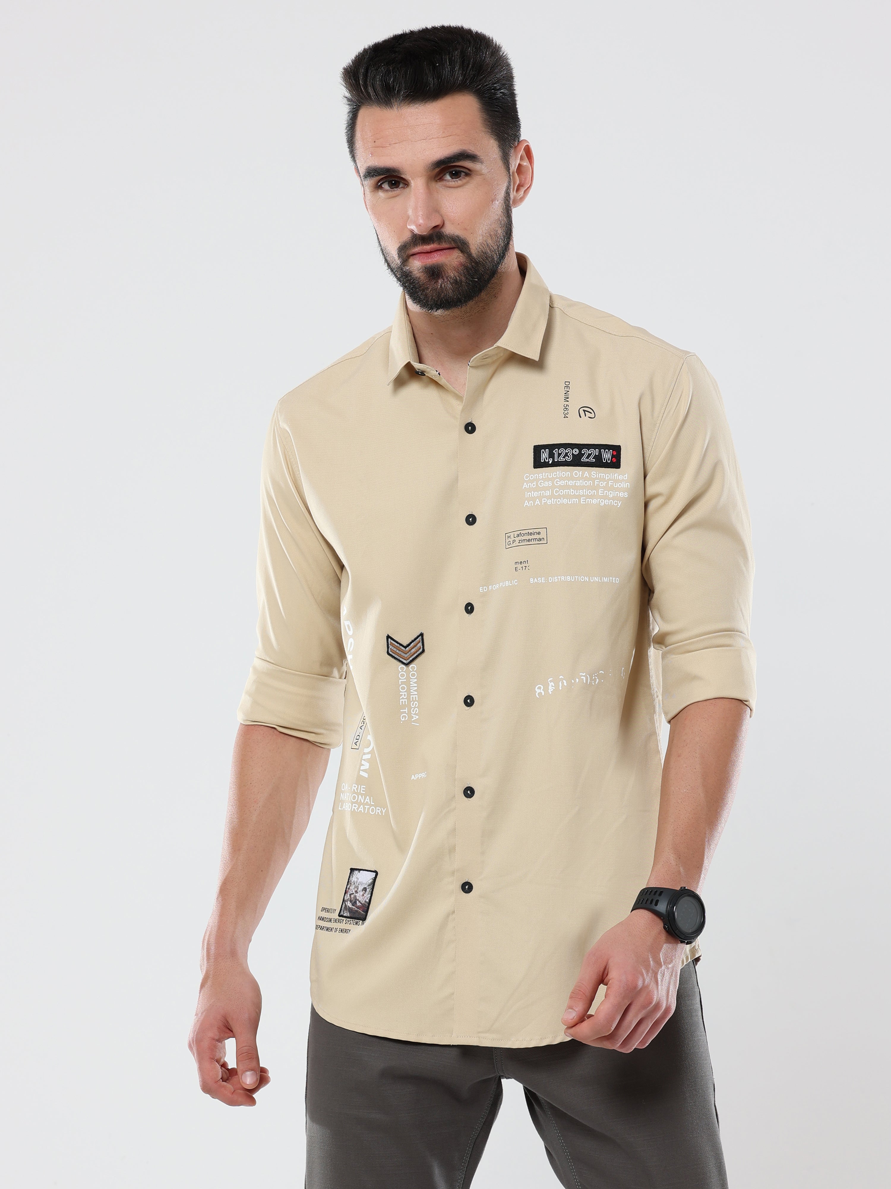 Men's Dark Cream Solid Slim Fit Stretchable Shirt