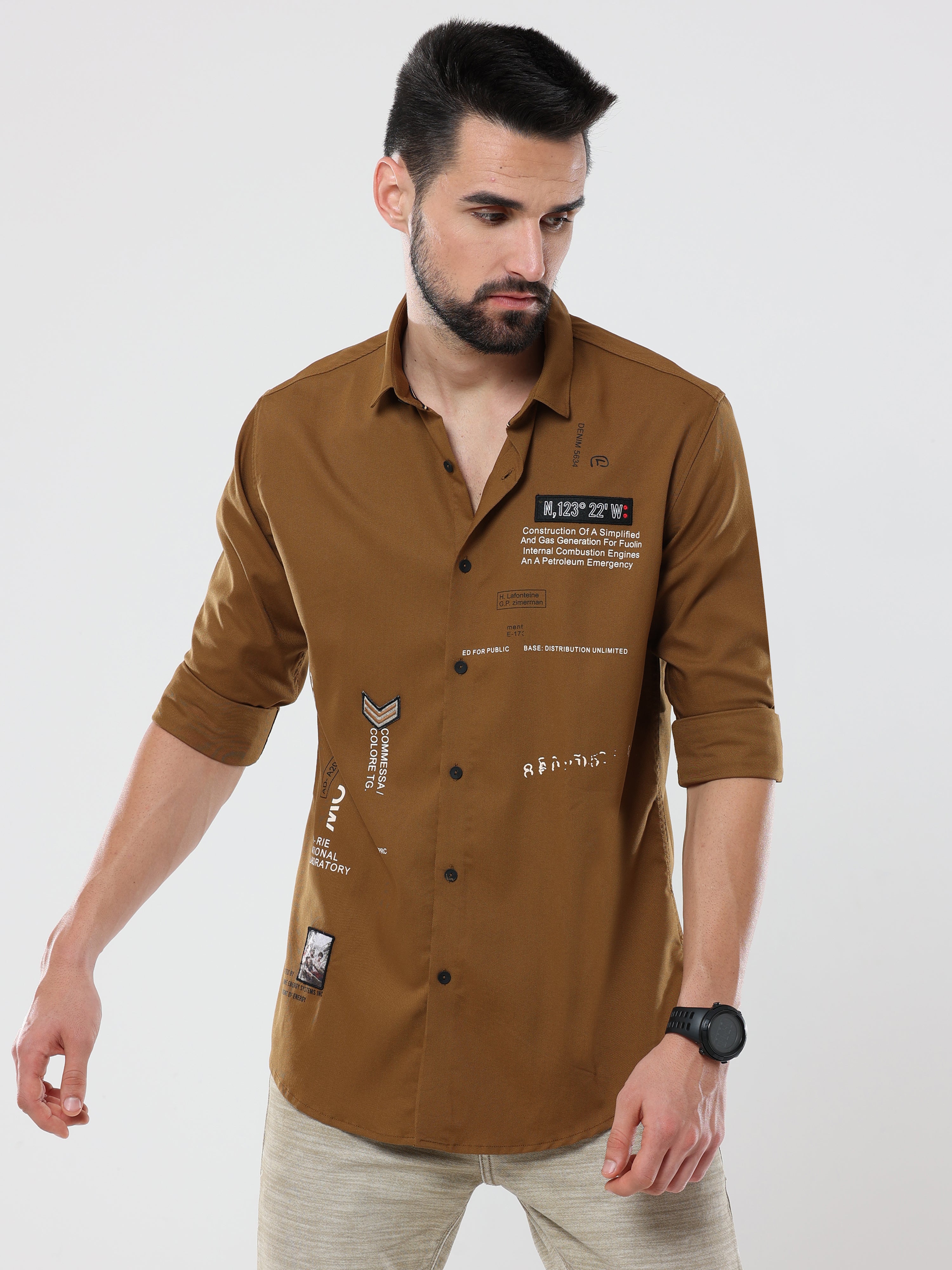 Men's Dark Sandal Solid Slim Fit Stretchable Shirt
