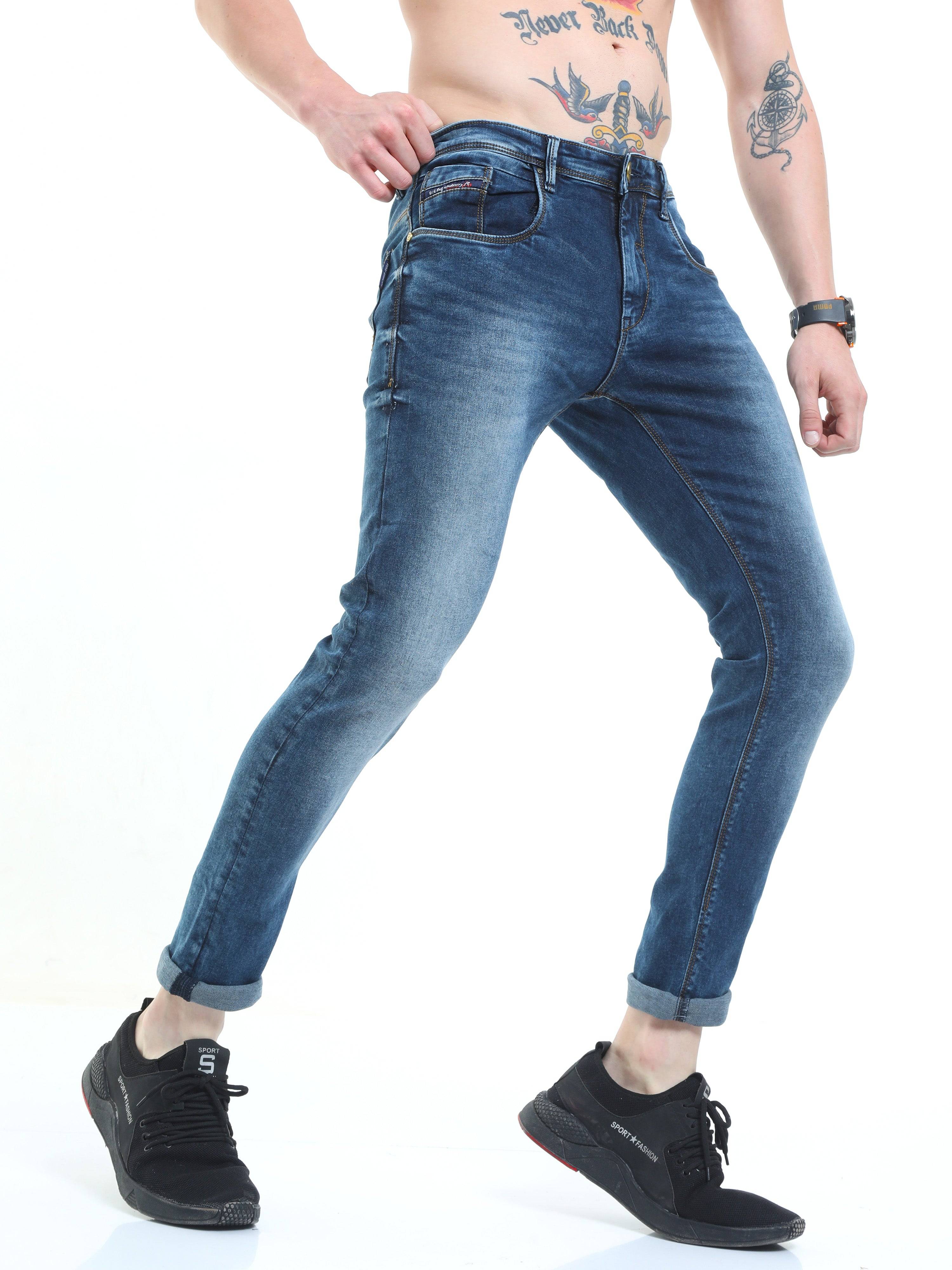 Men's Knitted Blue Shaded Ankle Length Skinny Fit Jeans 