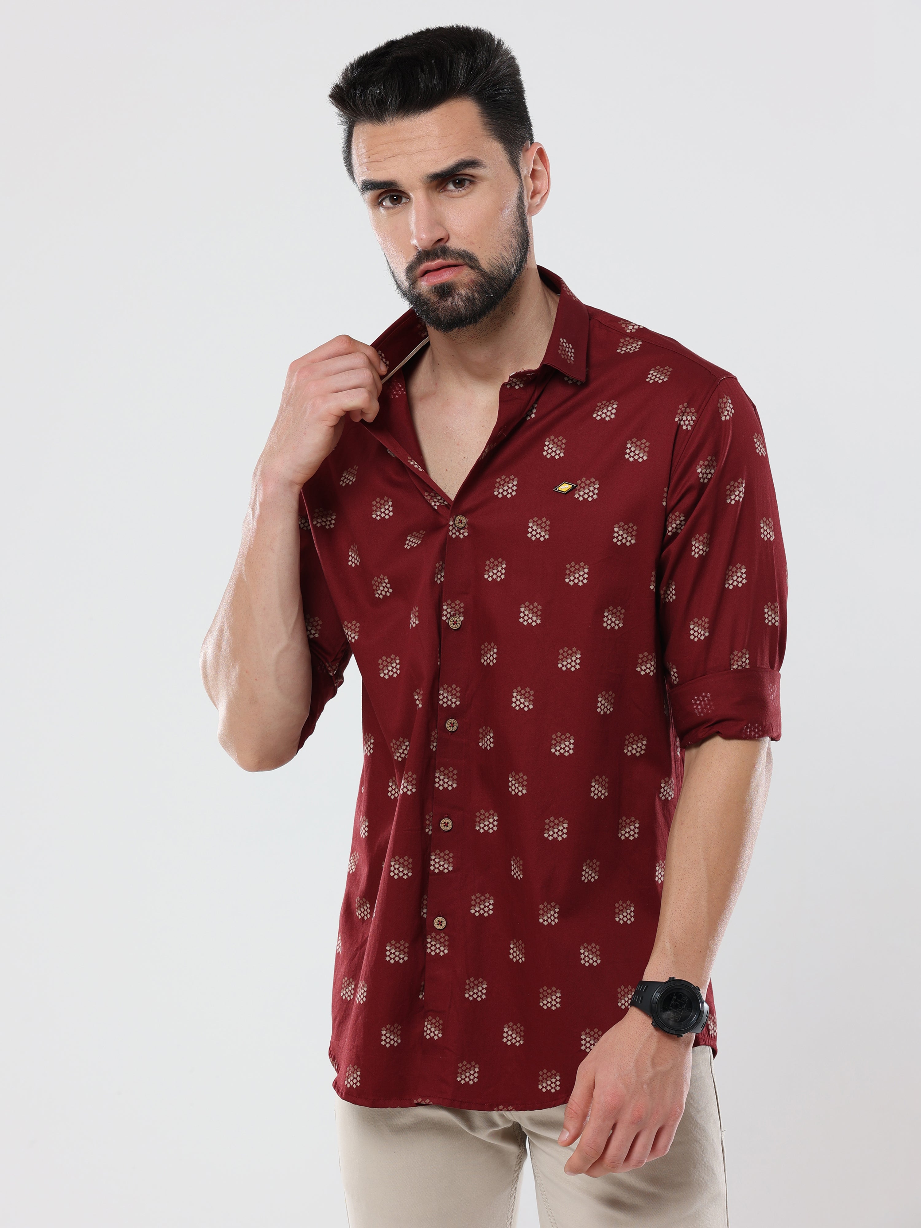Men's Maroon Satin Printed Shirt