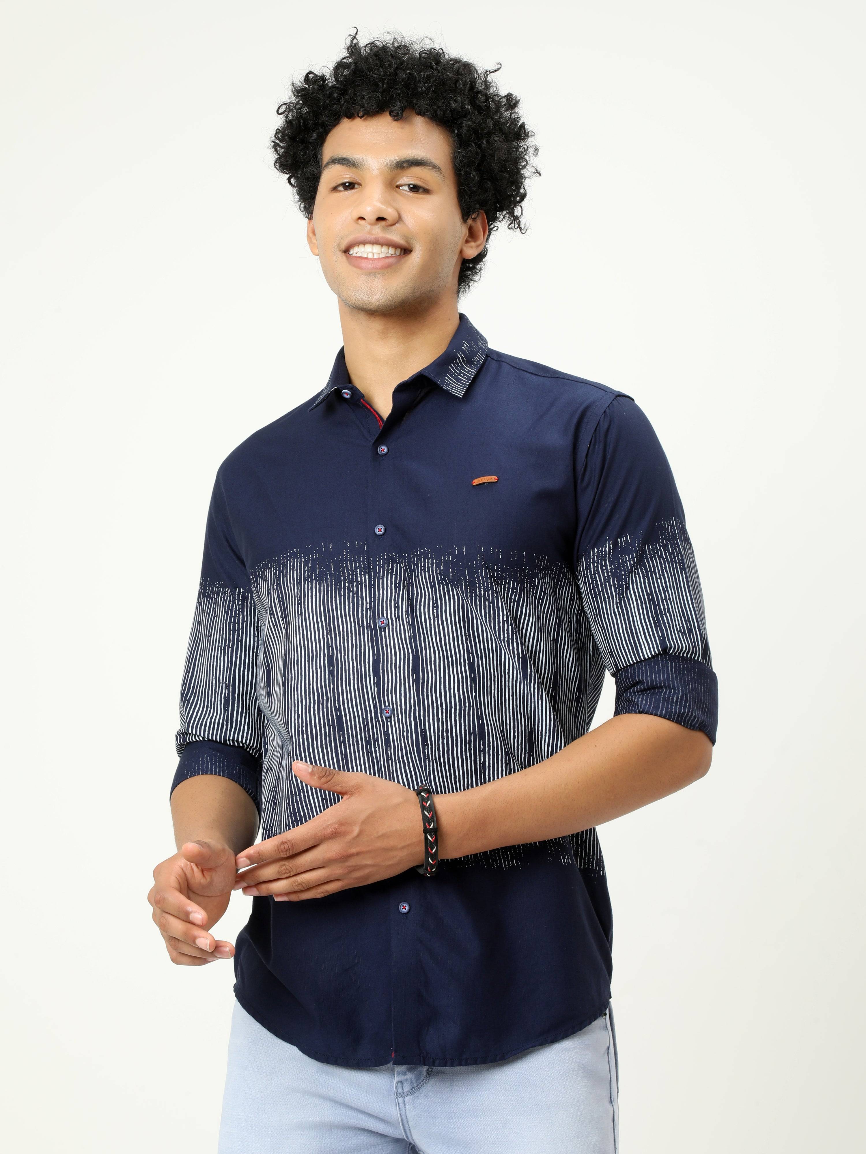 Men's Navy Blue Printed Full Sleeve Casual Shirt