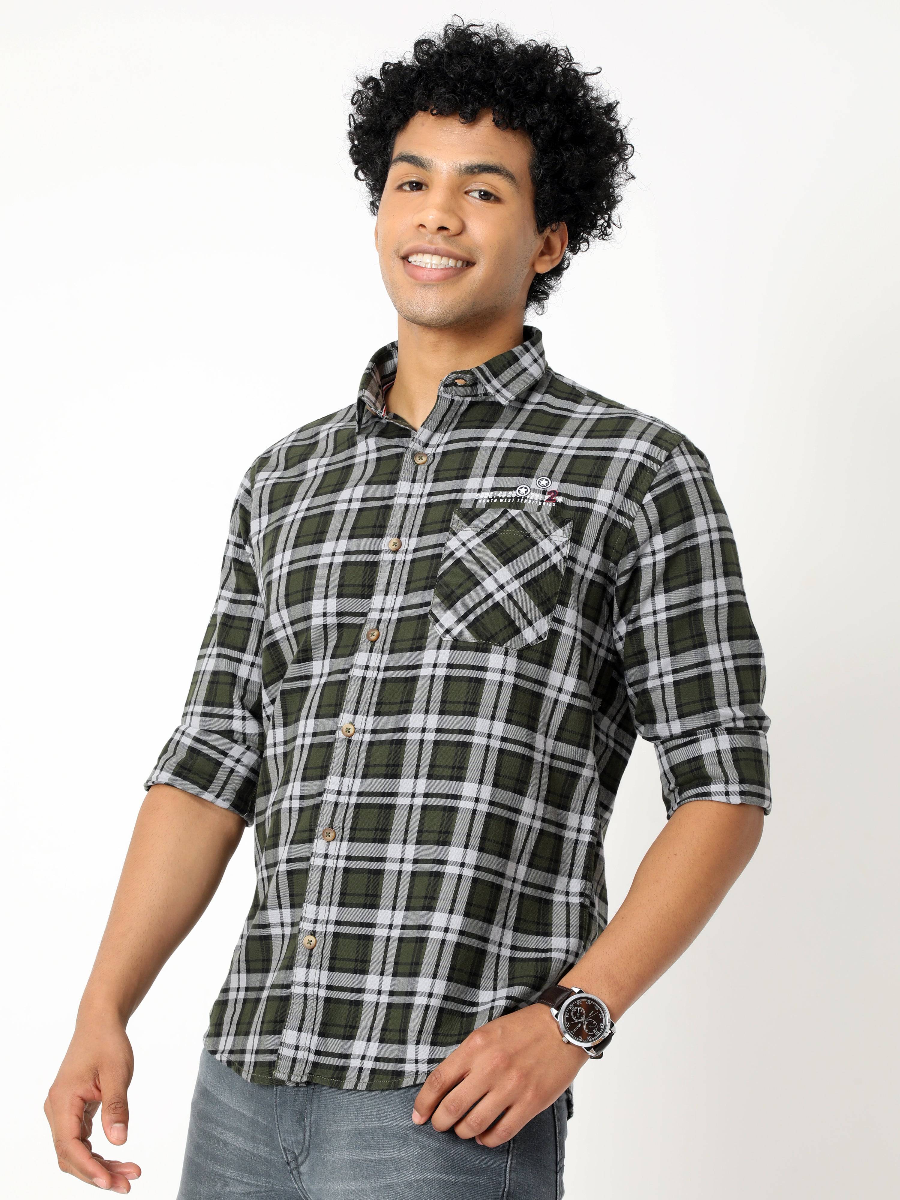 Men's Olive Green With White Checked Shirt