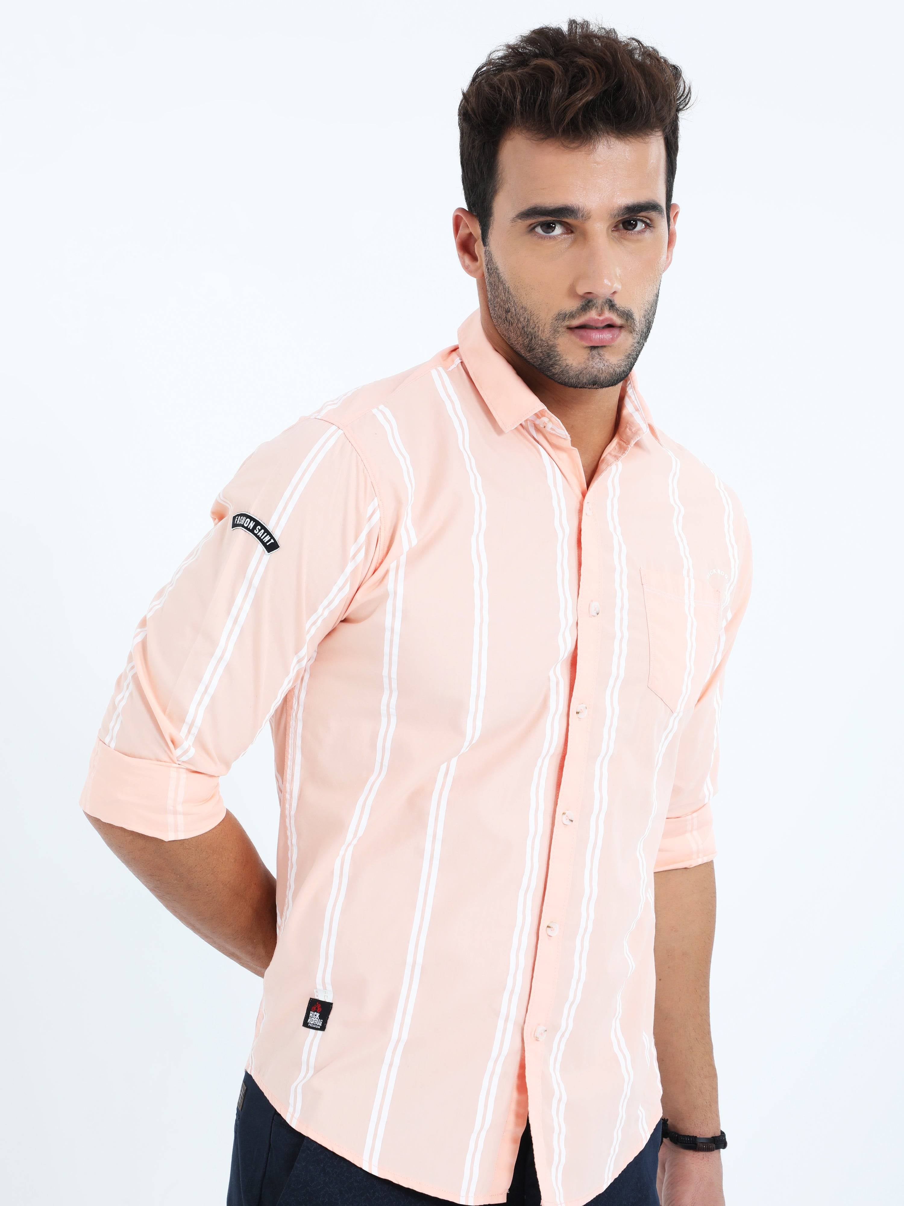Men's Peach Stripe Full Sleeve Shirt 