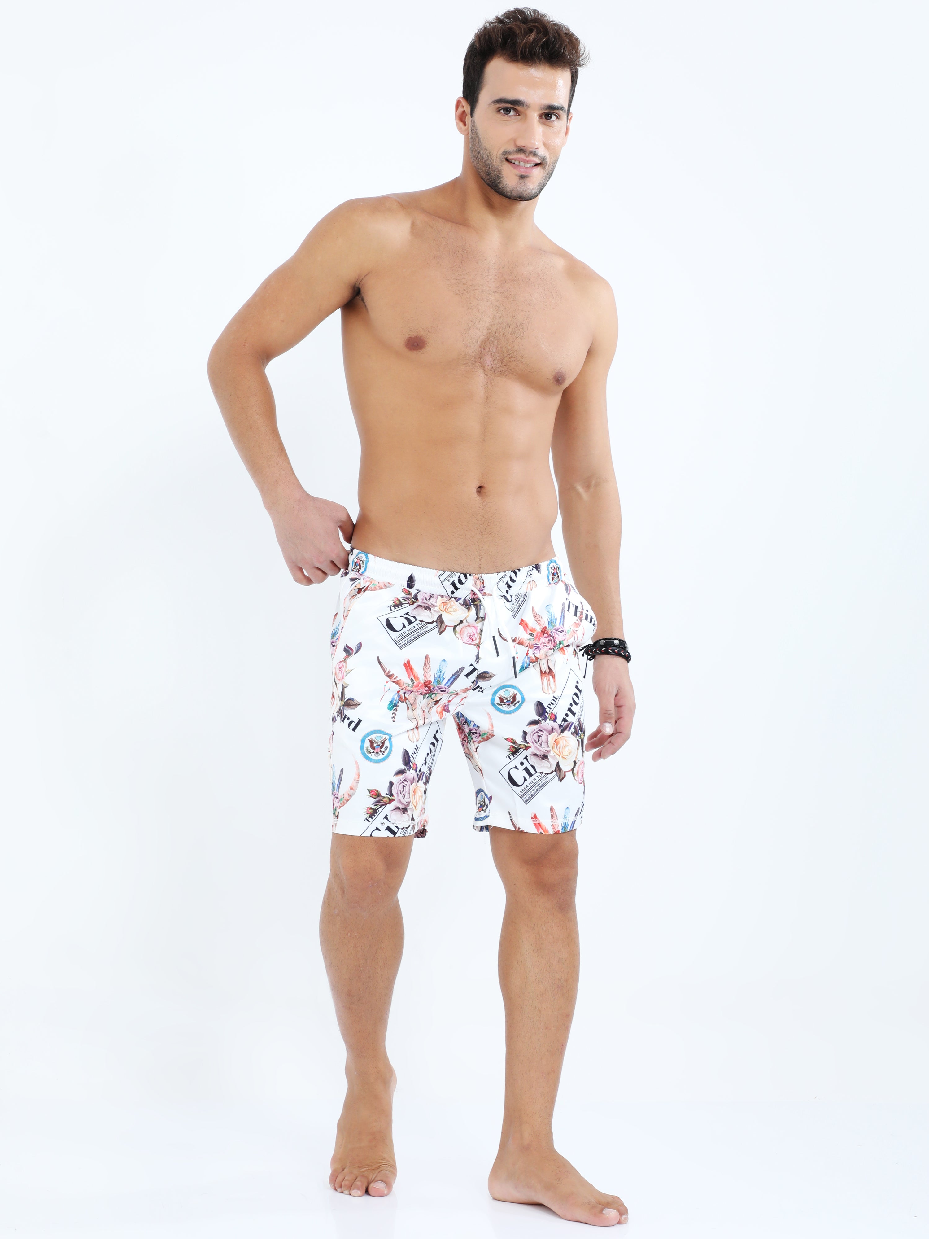 Men's White Short With Flower Print