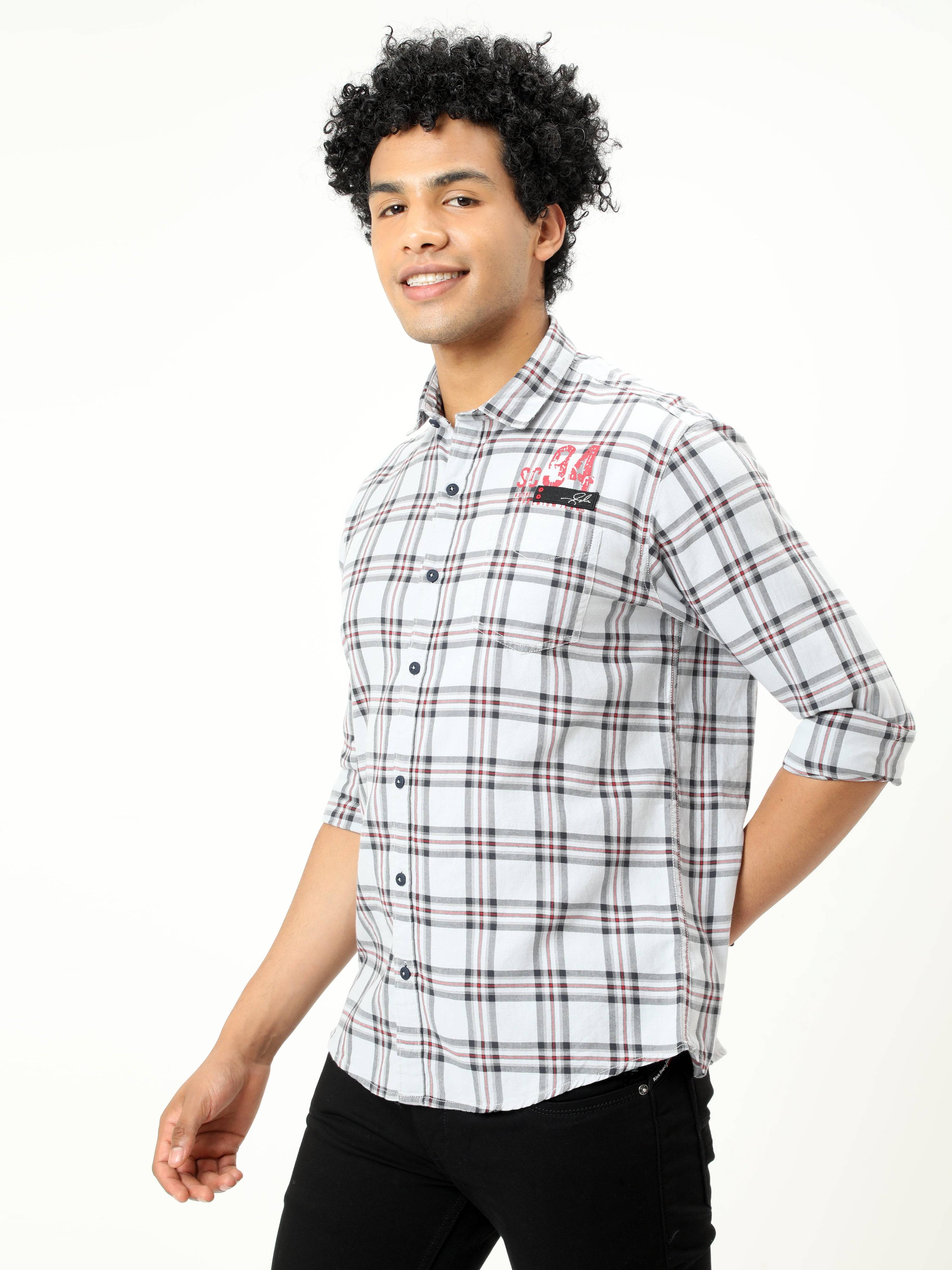 Men's White With Brown Checked Full Sleeve Shirt