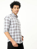 Men's White With Brown Checked Full Sleeve Shirt